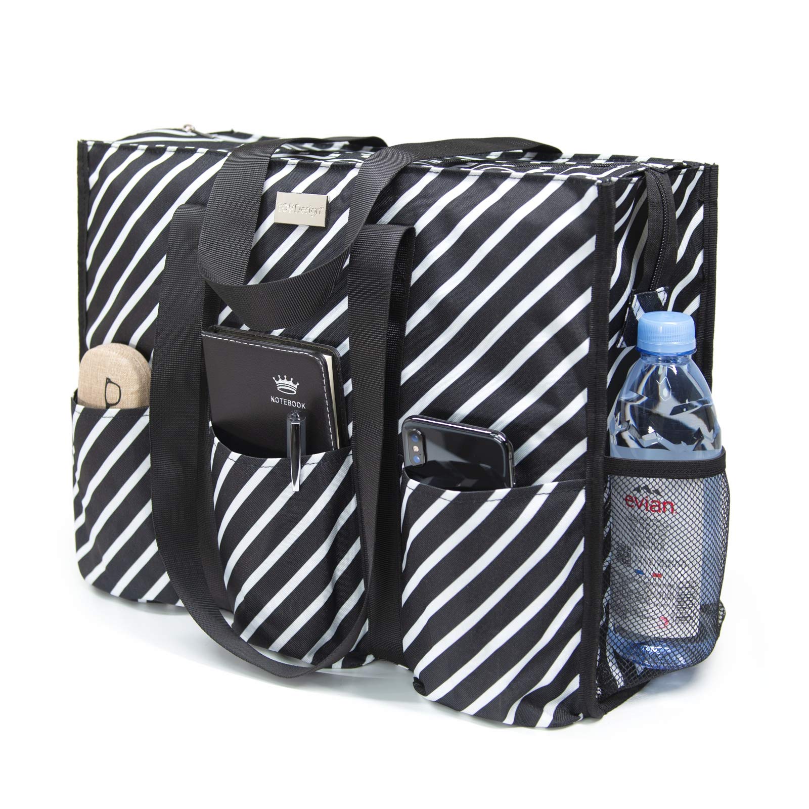 TOPDesign Utility Water Resistant Tote Bag with 13 Pockets, Zipper Closure