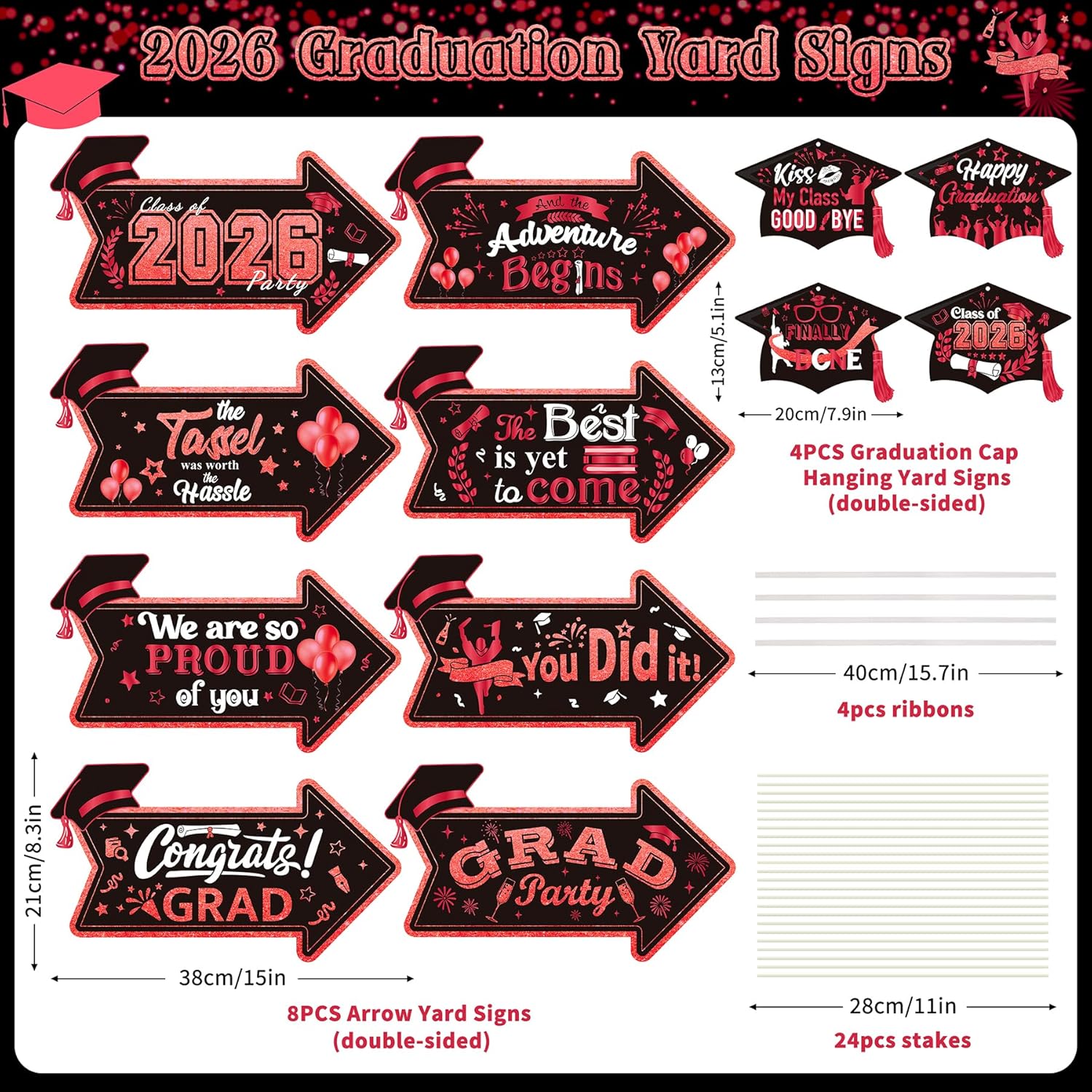 Class of 2026 Graduation Yard Sign Arrow for Outdoor Pathway,Graduation Cap Hanging Yard Signs,Black Red This Way Yard Signs with Stakes Ribbon,Graduation Party Decor for College High School