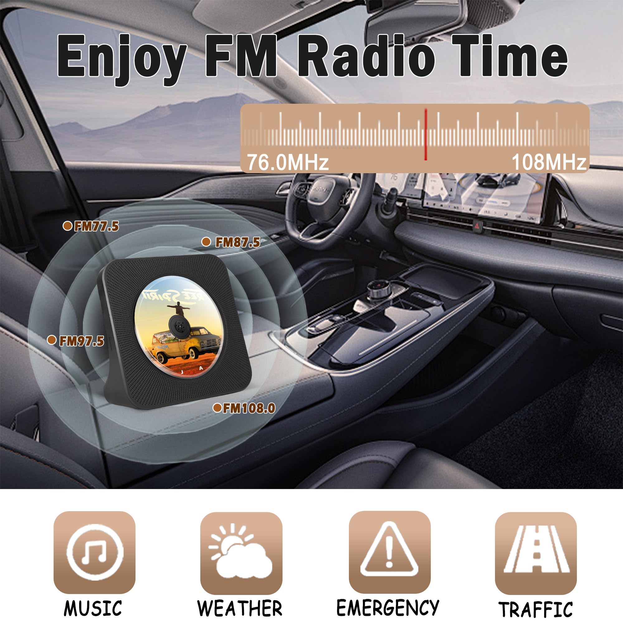 Lecteur CD Portable Bluetooth, 4000mAh Rechargeable pour Voiture, Poste CD HiFi avec télécommande, Connexion USB et AUX, FM Radio, CDs, Noir
