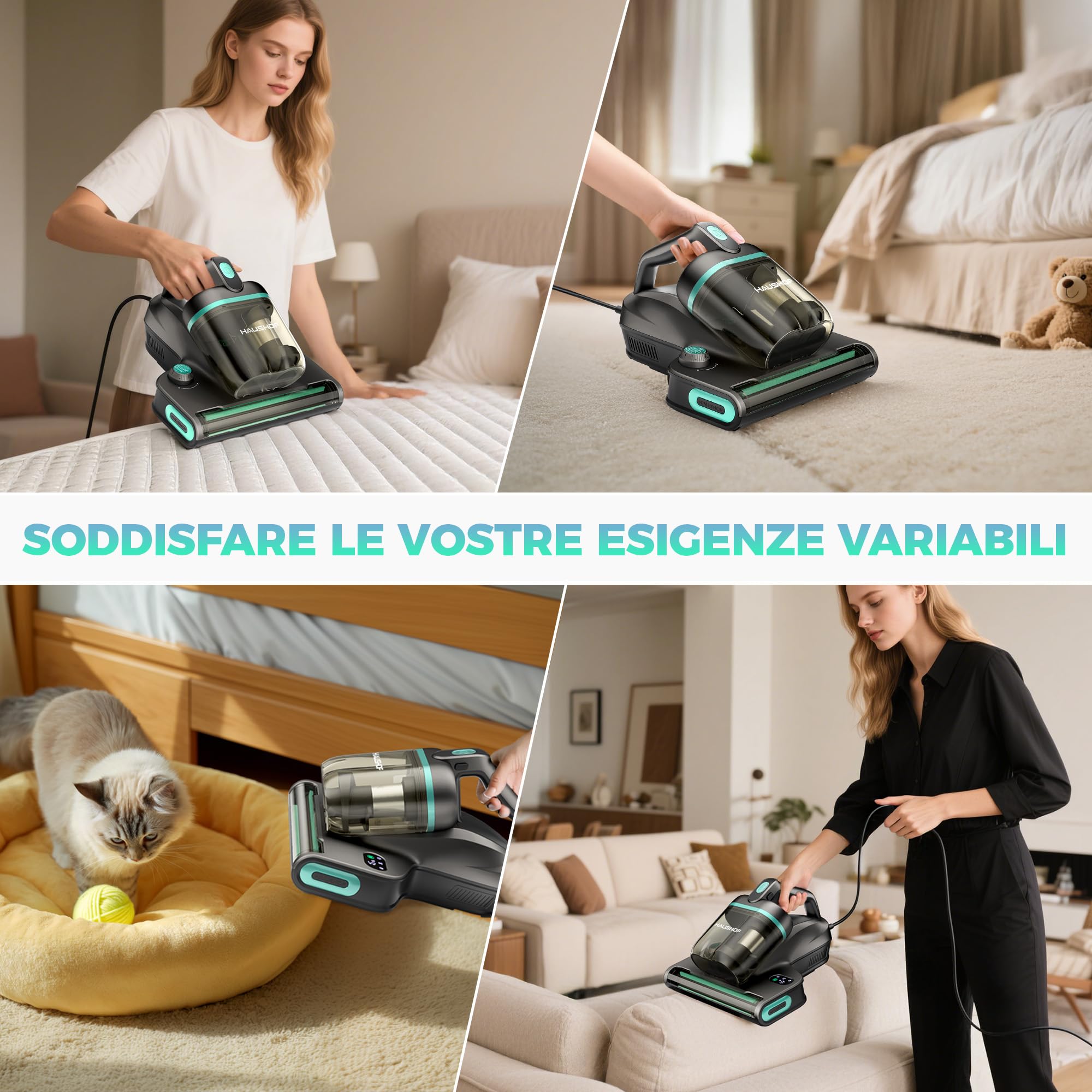 HAUSHOF Aspiratore per Materassi con 275 nm Luce UV-C, Battimaterasso Antiacaro con 60 ℃ Aria Calda, HEPA Filtro, Aromaterapia, 400 W Motore, Doppio Contenitore, Aspiratore Portatile per Letto, Divano