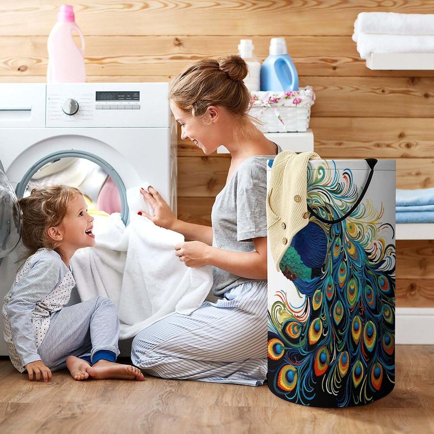 Large Laundry Hamper with Handles Peacock Pattern Laundry Basket Freestanding Waterproof Clothes Hamper for Living Room Bedroom Bathroom College Dorm