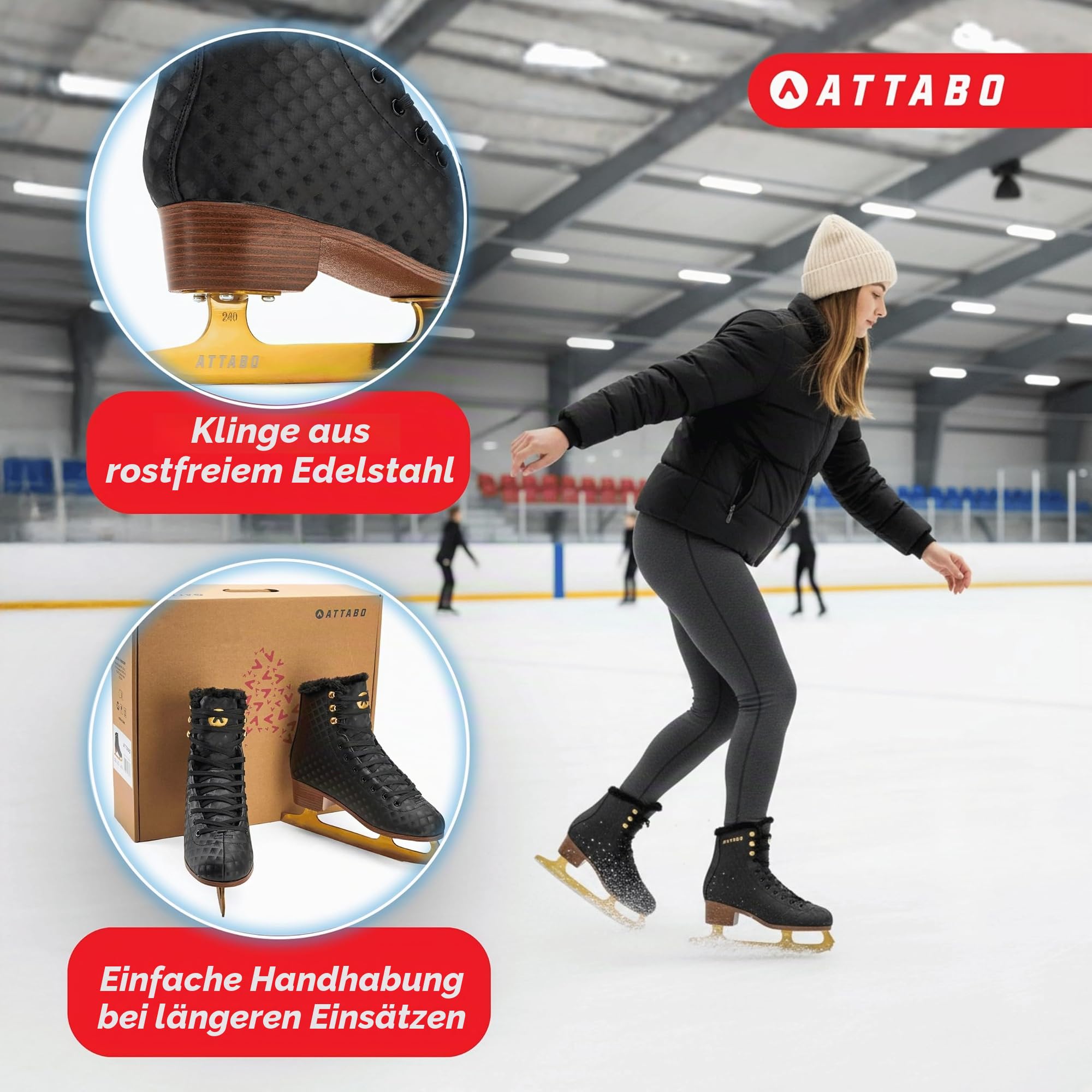 ATTABO Lukso Damen Kunstlauf-Schlittschuhe, schwarz – Edelstahlkufe, klassischer Stiefel, warme Innenfütterung, hohe Knöchelstütze, Schnürung für Training & Freizeit