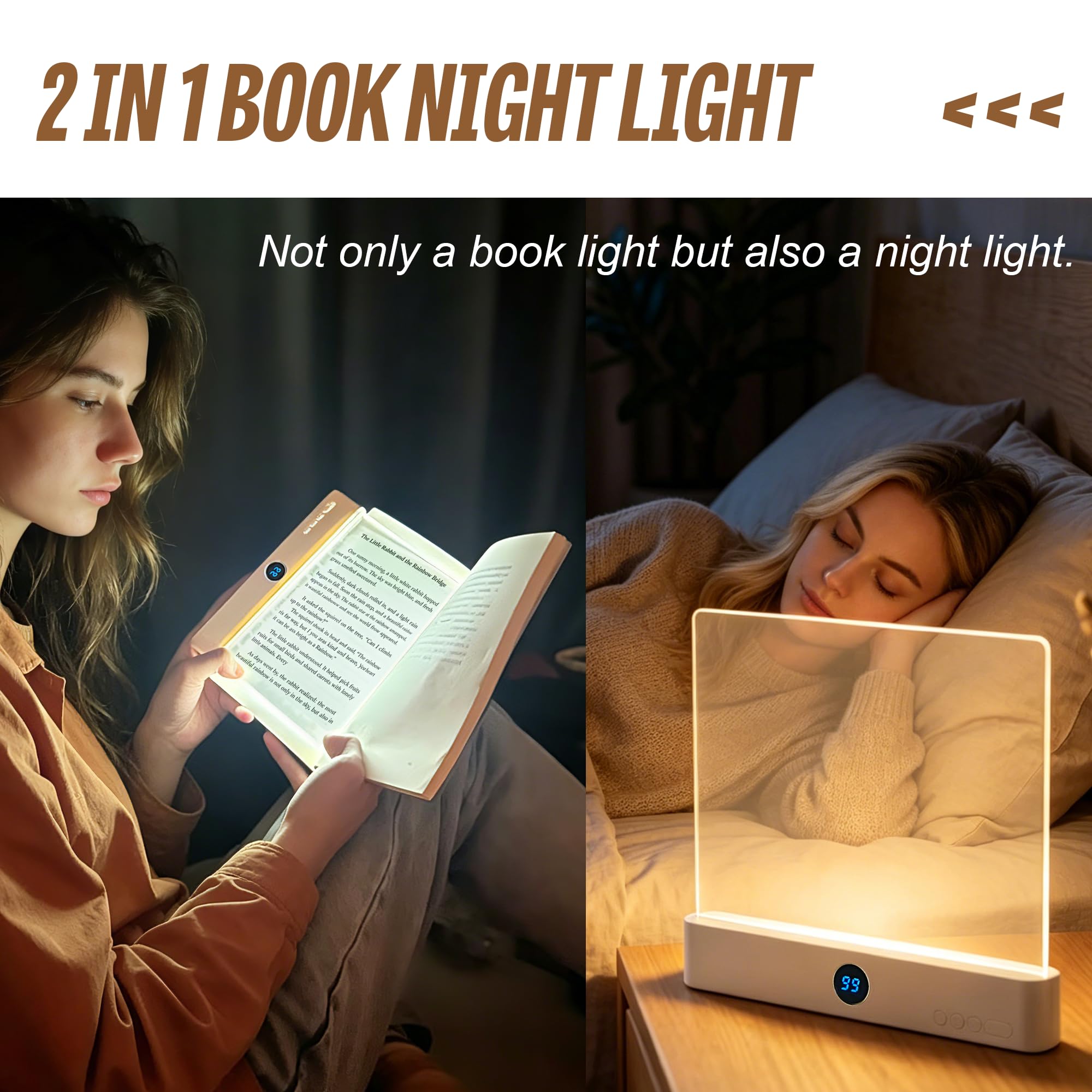 GJD Luz LED 2 en 1 para libro y luz nocturna, luz de lectura plana recargable con temporizador de 3 modos de color para leer en la cama