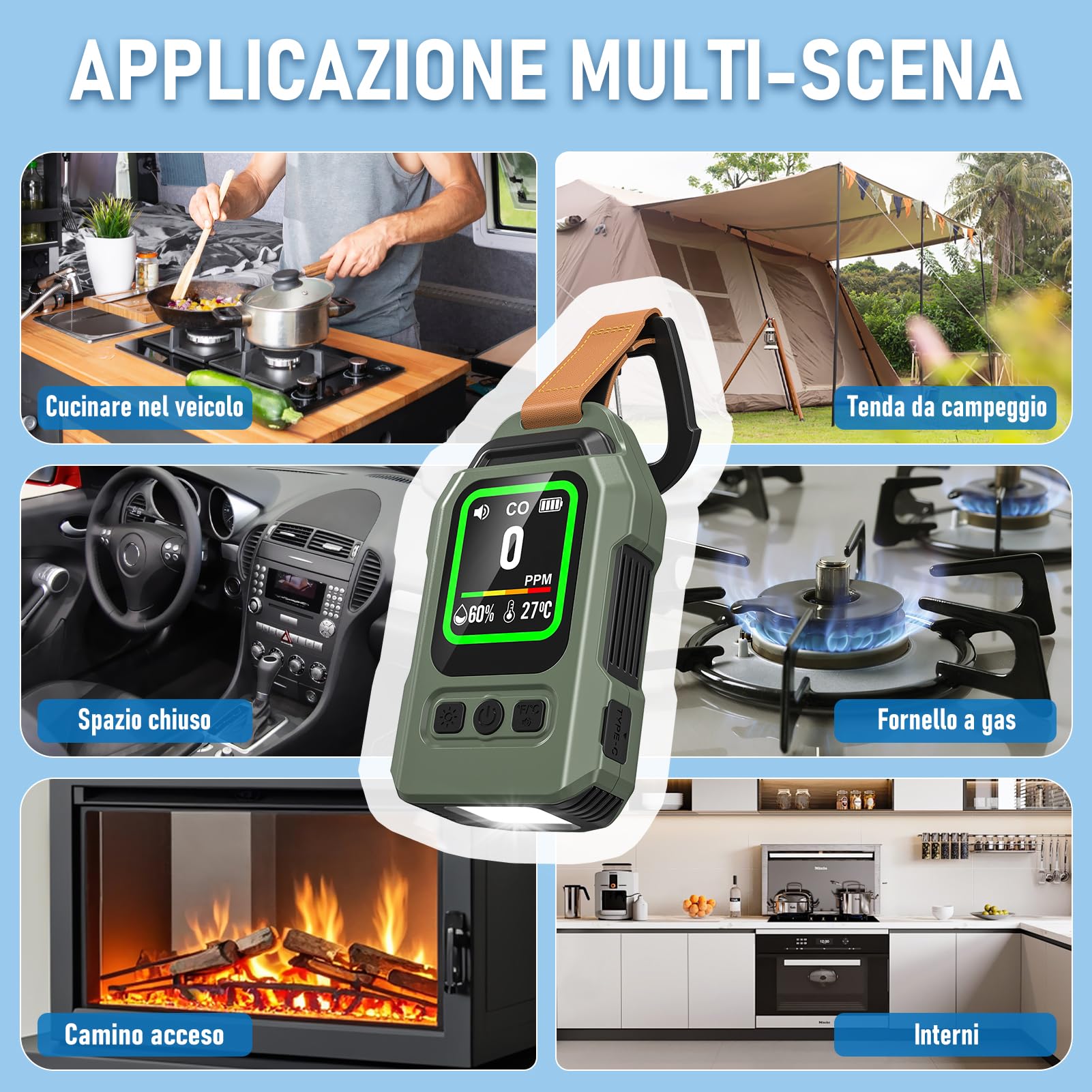Rilevatore Monossido di Carbonio Portatile, 300 ore di autonomia, misuratore di temperatura e umidità, con funzione di allarme e torcia di emergenza, adatto per campeggio, viaggi, auto e cucina.