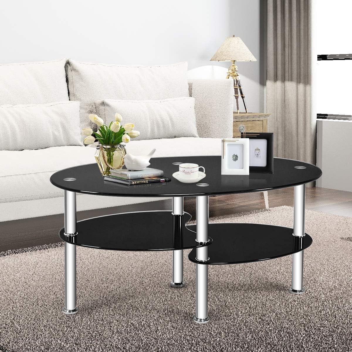 FANTASK Tempered Glass Coffee Table, Oval 3-Tier Steel Tea Table w/Spacious Glass Desk-Top, Open Storage Shelf, Modern End Side Table for Home Living Room Office Reception (Black Glass)