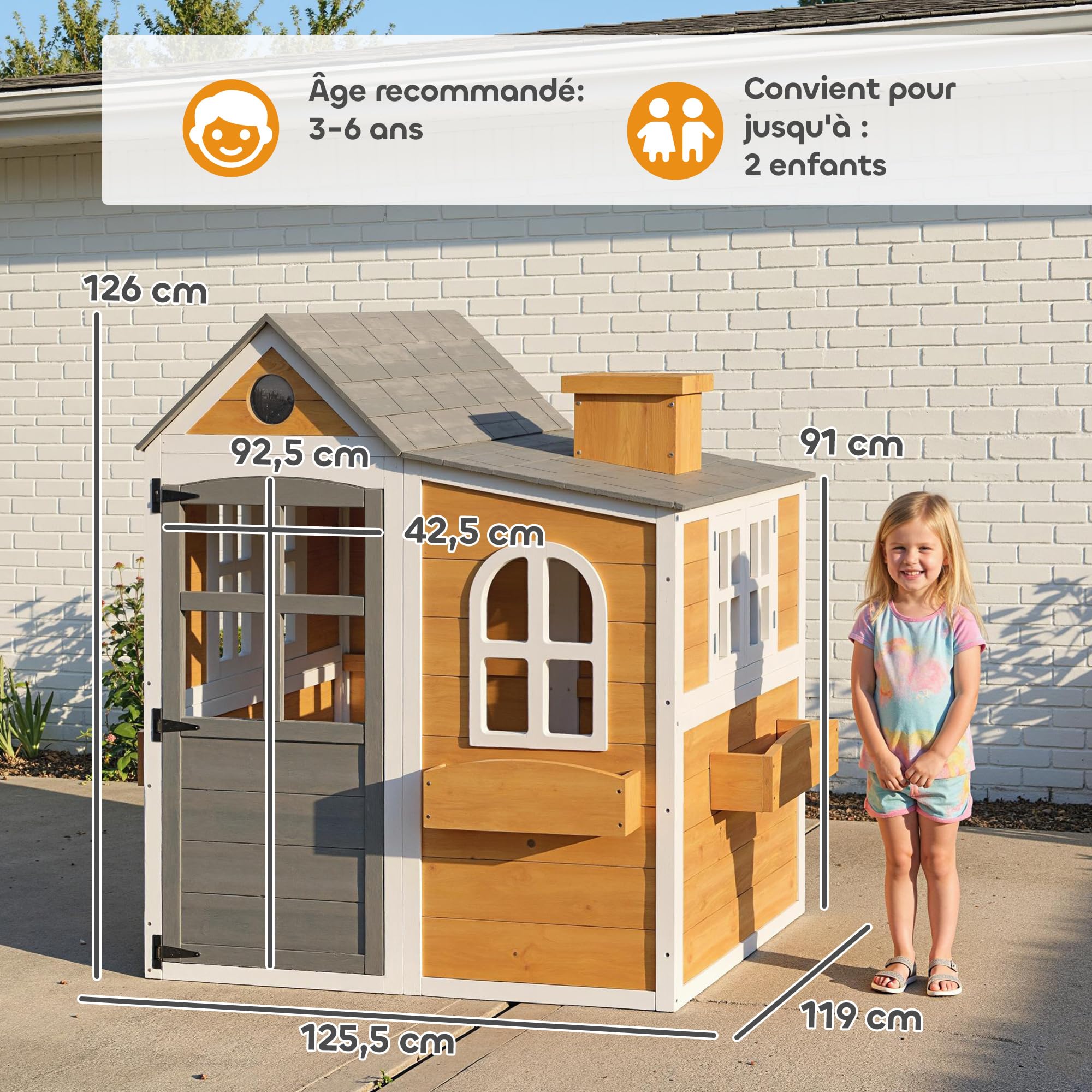 AIYAPLAY Kinderhütte für den Außenbereich, Holz, 3-6 Jahre, 125,5 x 119 x 126 cm, Gelb | Kinderhaus für Außen/Innen, Tür, Fenster, 3 Blumenkästen, wetterfest, Spielhaus