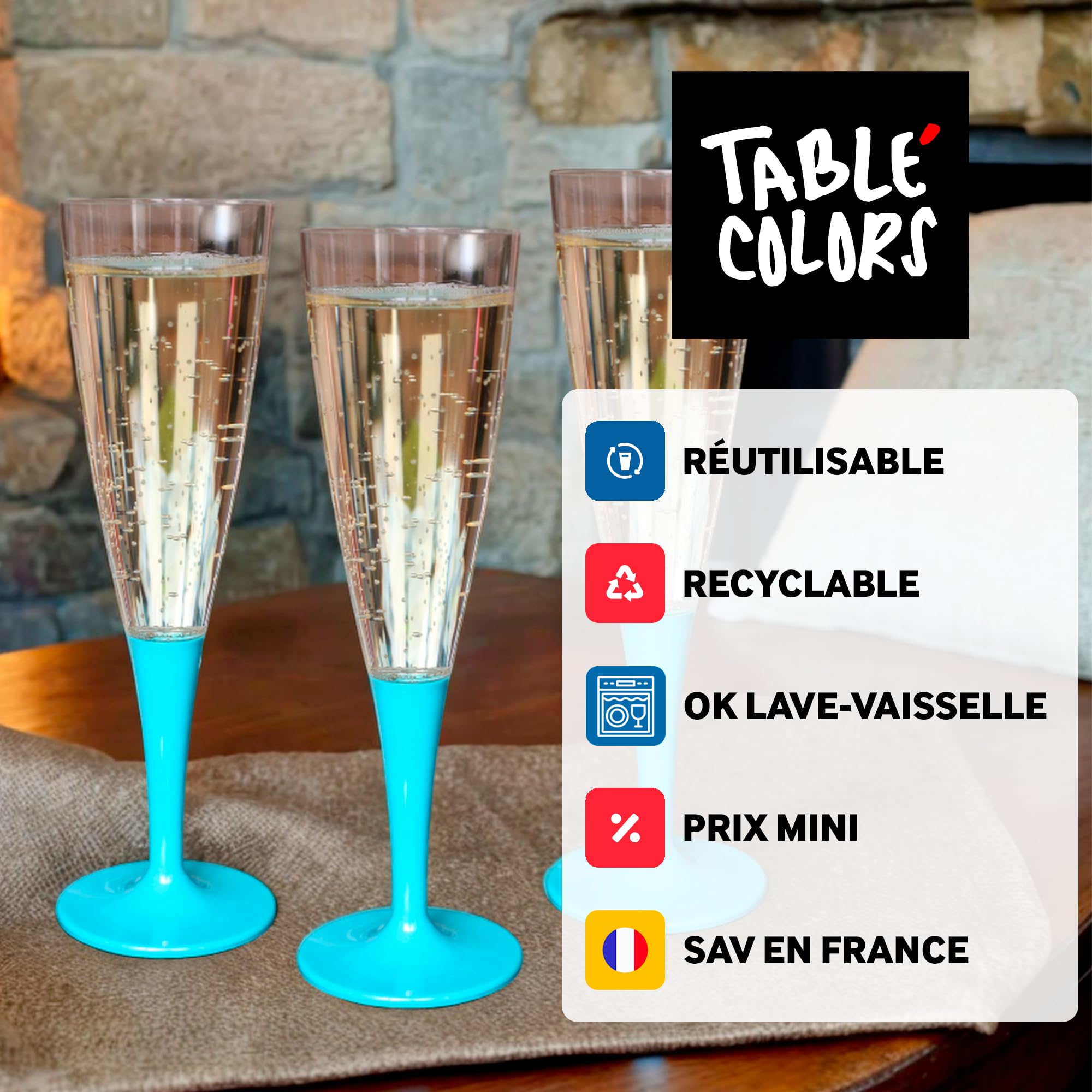 Table'Colors Lot de 100 Flutes Champagne Lavable et Réutilisable 14cl - Verre 100% Recyclable, Grande Stabilité, Rigidité Design Élégant - Parfait pour Anniversaire, Mariage (Turquoise)