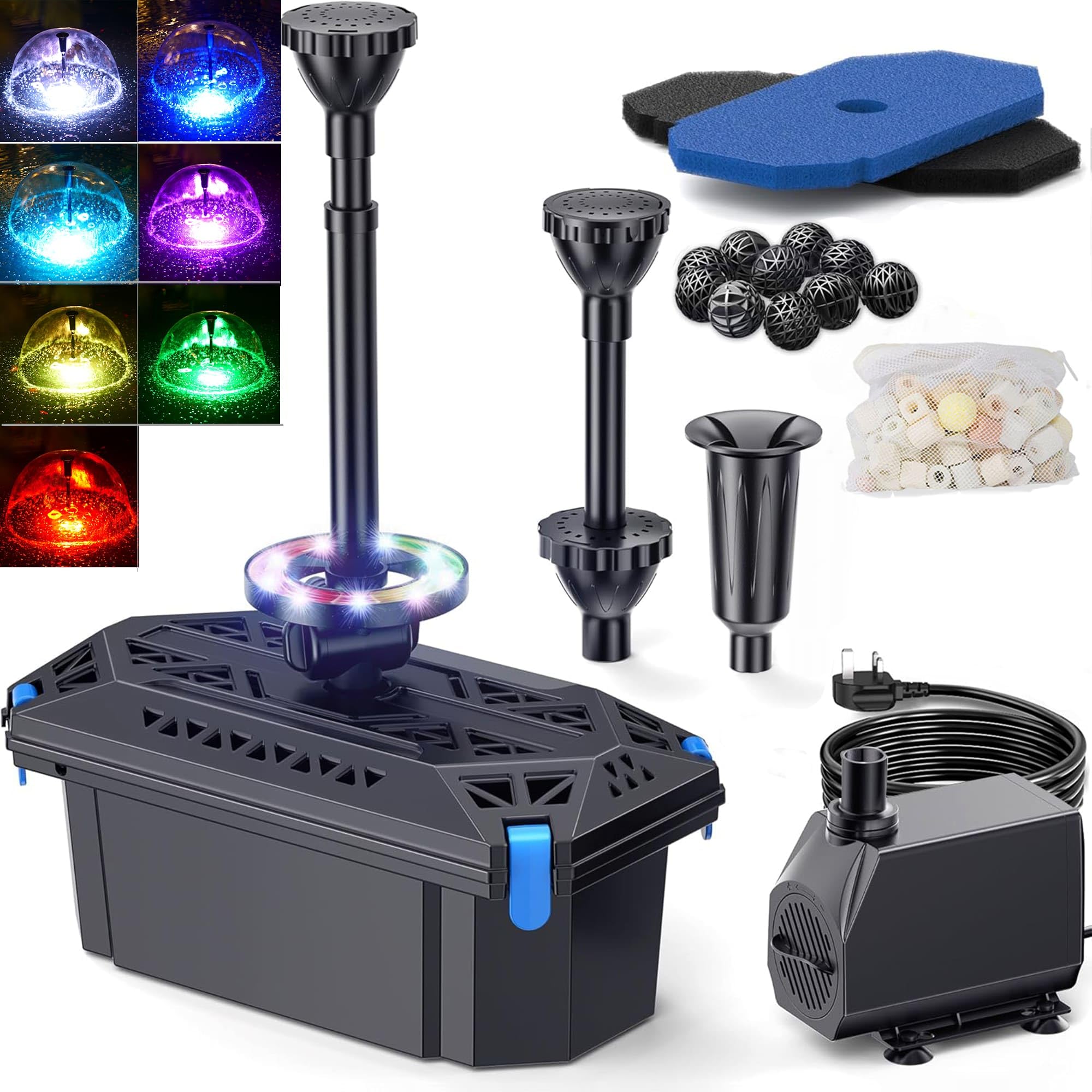 Biling Pond Filter and LED Lights, 2500 L/H Fountain Pump with RGB Lights, 3 Nozzles Water Flow Valve, Pond Pump and Filter for 800-3600L Garden Water Feature Stream Waterfall Treatment, with UK Plug โ image 1