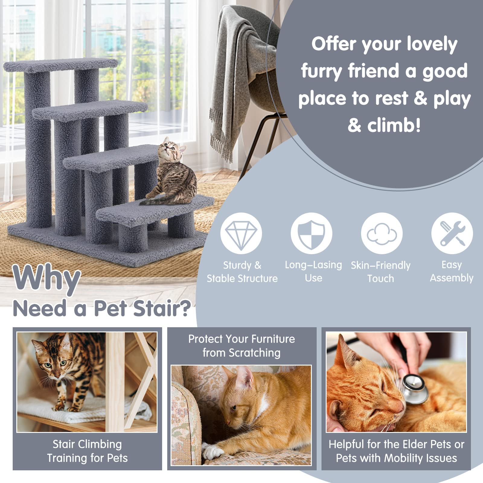 Tangkula Escaleras para mascotas para gatos y perros, rampa de escalera alfombrada de 4 escalones, poste rascador para gatos, escaleras para perros de varios escalones para camas altas, sofá (gris)