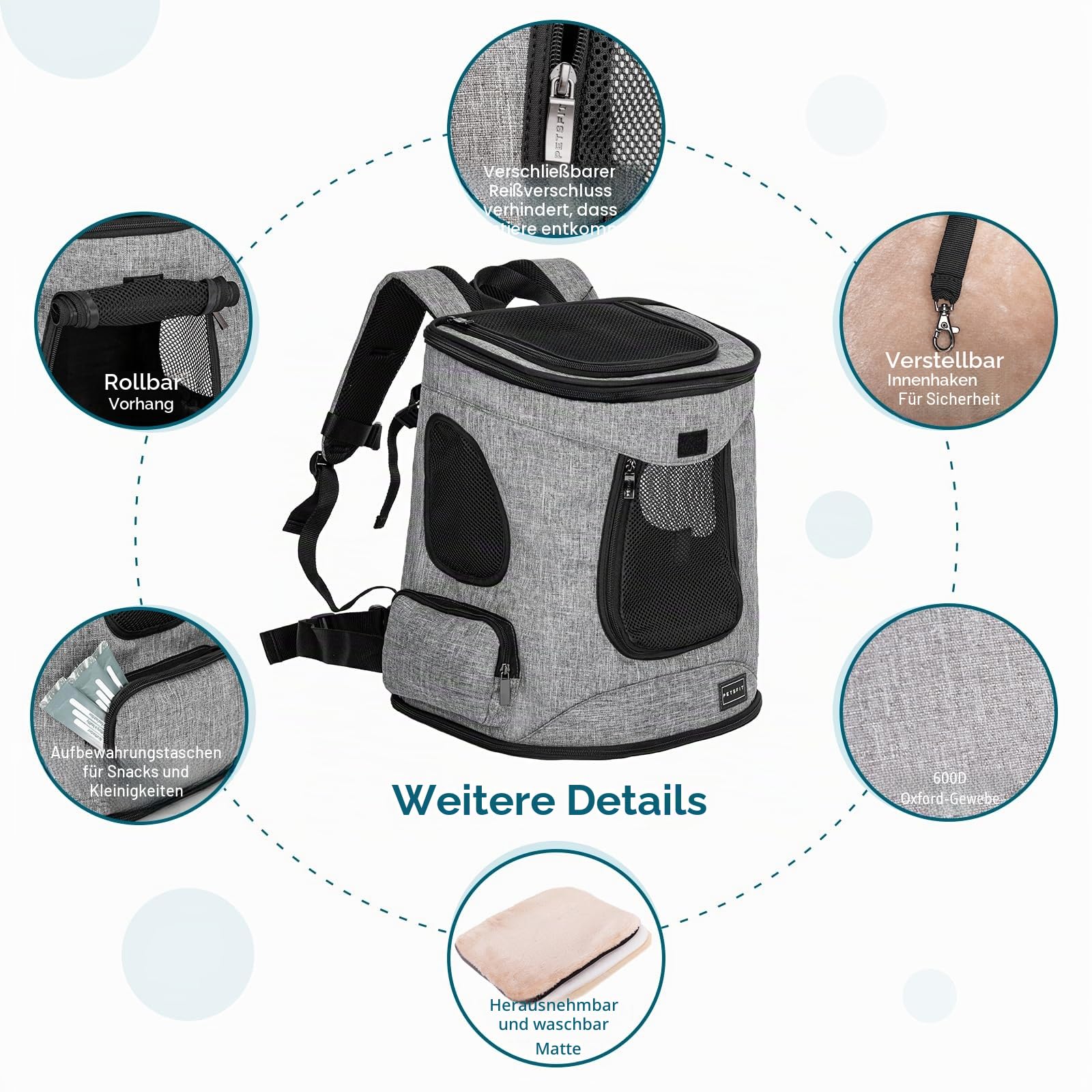 Petsfit Hunderucksack & Katzenrucksack für große Katzen bis 5kg - Leichter Katzen Rucksack mit Netzfenster, Brustgurt & Polster - Atmungsaktiver Rucksack für kleine Hunde, Grau