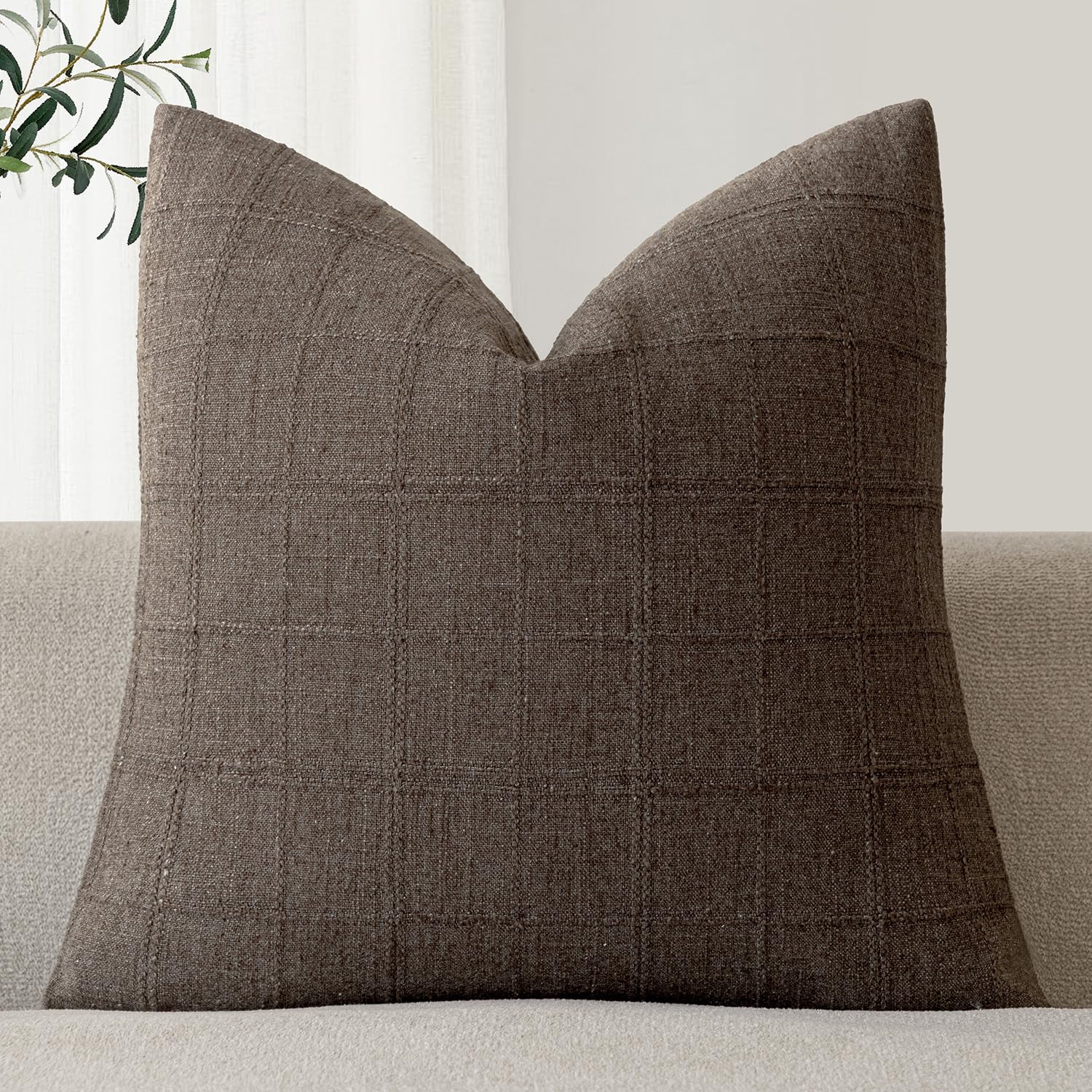 Foindtower Set of 1 Decorative Linen Check Throw Pillow Cover Neutral Farmhouse Vintage Cushion Cover Modern Boho Home Decor for Sofa Chair Couch Bedroom Living Room,20×20 Inch,Dark Brown