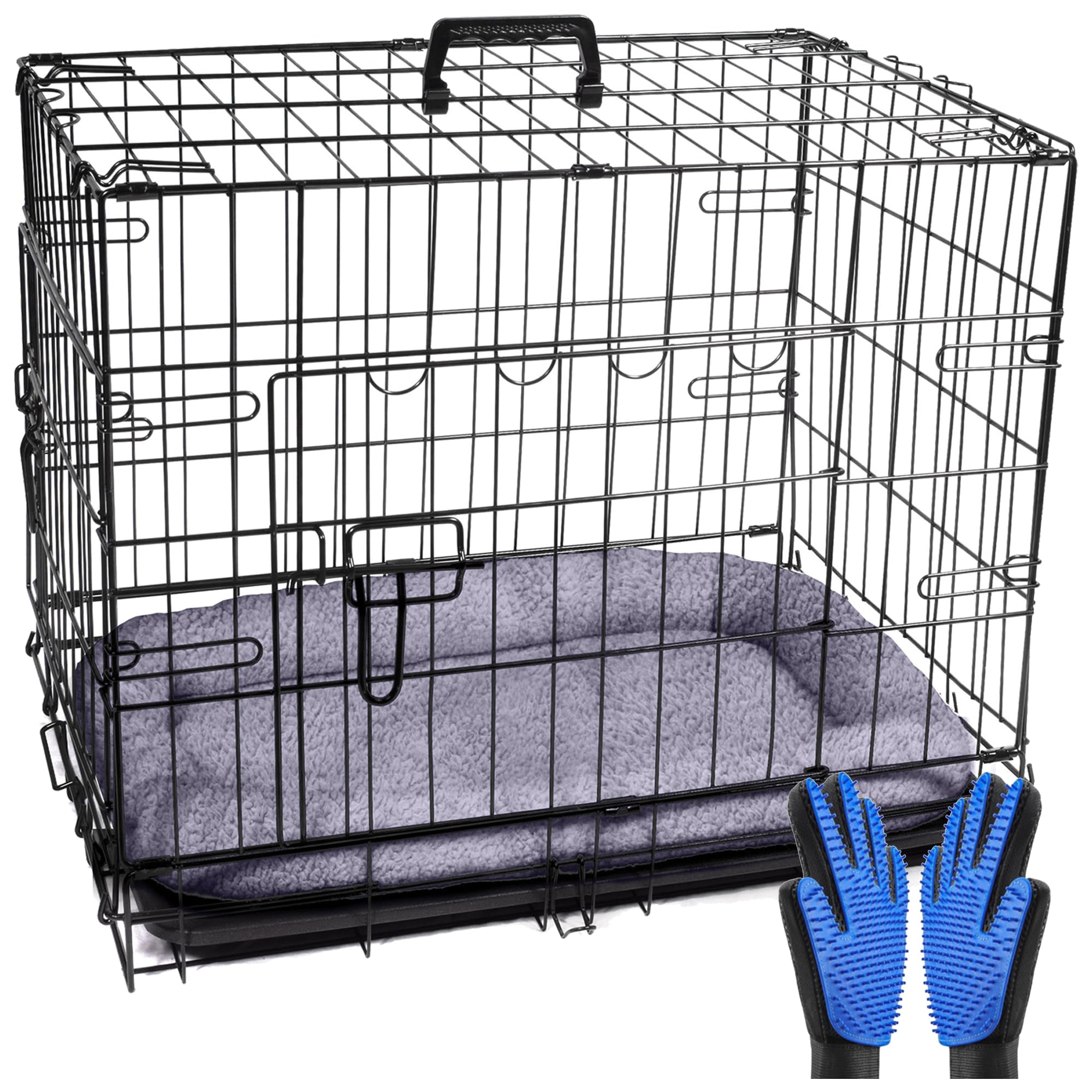 Pretty Pooch Dog Crate Cage Puppy Cat Pet Training Carrier Metal Folding with Tray Double Door and Bed With Two Grooming Gloves (Small 24 Inch)