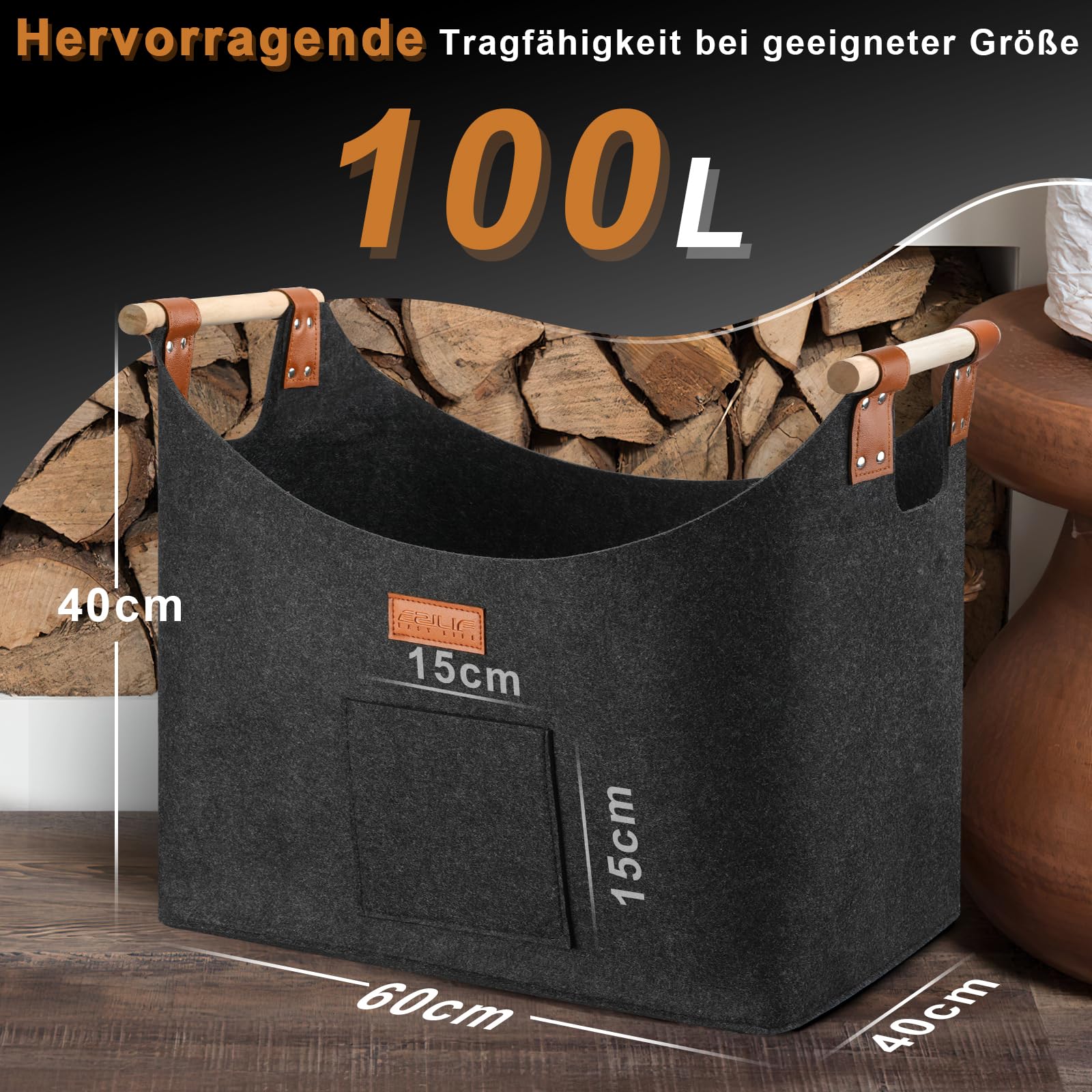 Kosz na drewno kominkowe XXL z podwójną wzmocnioną skórą, 100 l, z przodu, składany, 60 x 40 x 40 cm