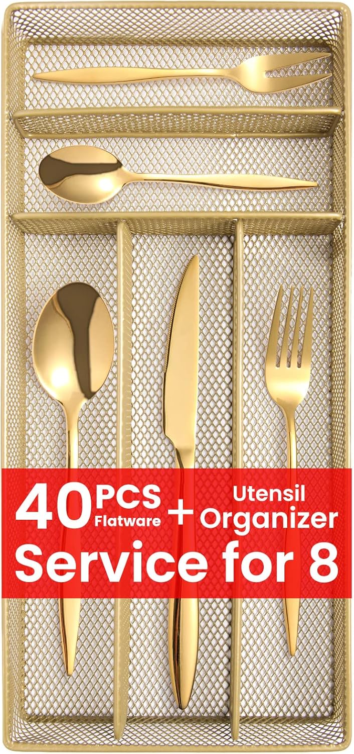 Buy Gold Silverware Set with Organizer, 40Piece Flatware Set for 8