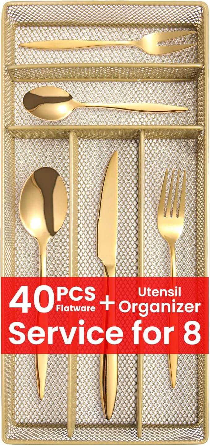 Gold Silverware Set with Organizer, 40Piece Flatware Set