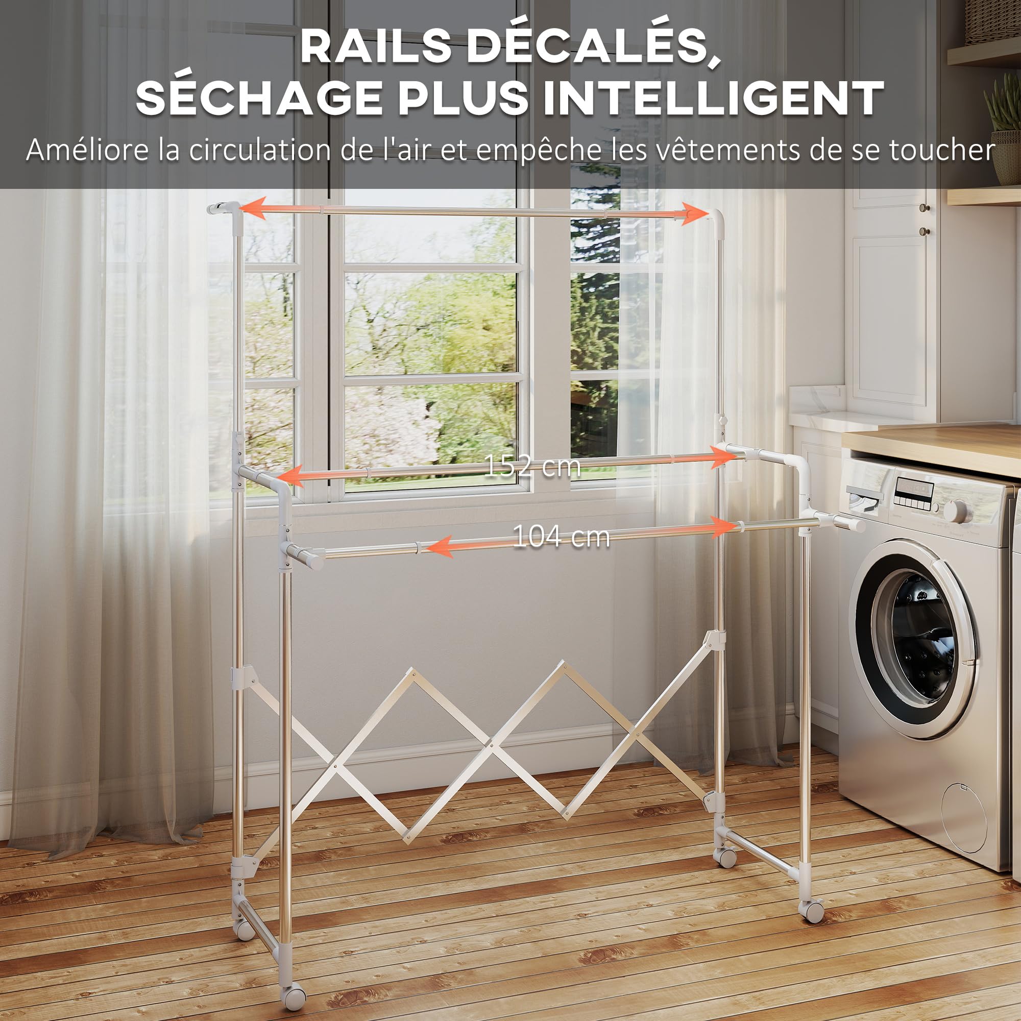 HOMCOM Séchoir à Linge Pliable 104-150 x 103 x 145-197 cm Argent