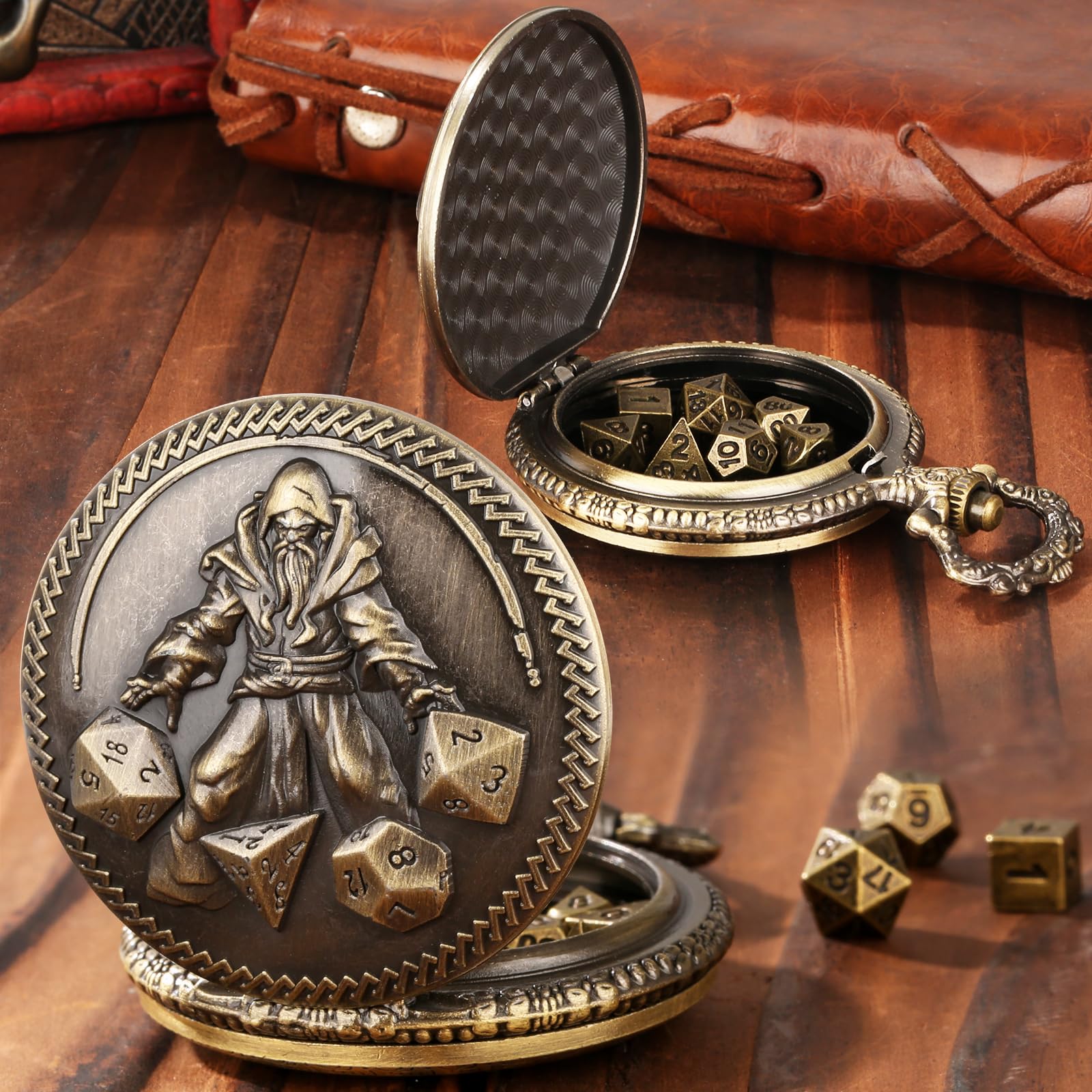 Mini DND Dice Set including Hand held Dice Wizard Pocket Watch Shell Case, 7pcs Polyhedral Metal Dice Set, D&D Starter Set - Image 3