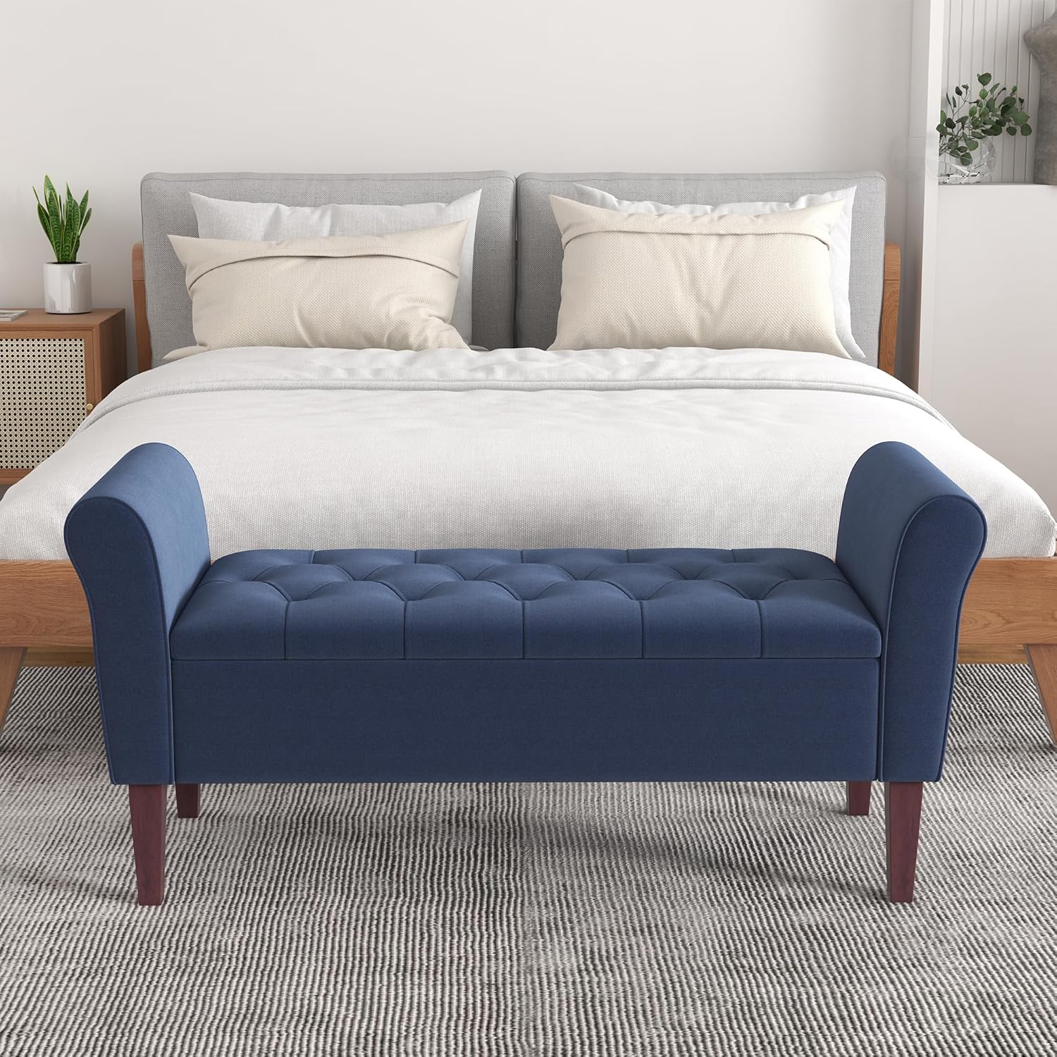 HUIMO 48" Arm Storage Ottoman with 7.5-inch Solid Wood Legs, Storage Bench, Upholstered Window Sitting Bench for Bedroom,End of Bed Bench Indoor, Livingroom, Entryway (Dark Blue)
