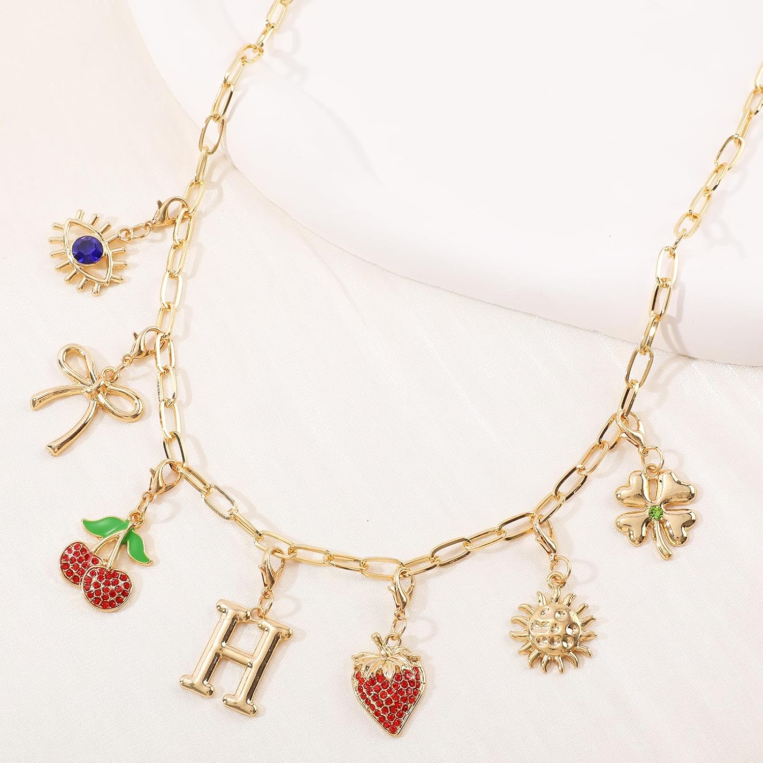 NEKOL Letter H Initial Charm Necklace for Women, Cherry Strawberry Evil Eye Sun Bow Four-Leaf Clover Personalized Pendant Necklace,Removable Charms Choker Trendy Jewelry Birthday Gifts for Her - Image 4