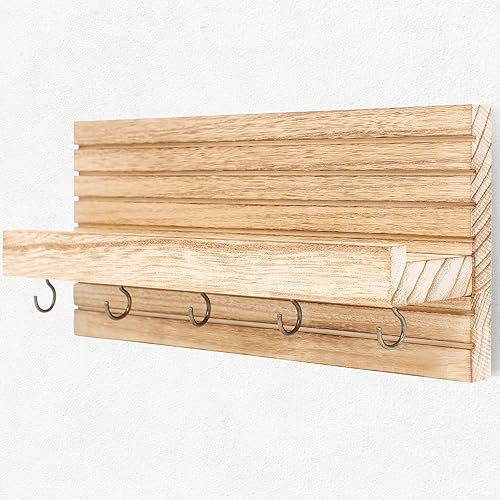 Miniatura 8 de Soporte decorativo para llaves de pared con estante, estante de entrada con ganchos para correas, chaquetas y gafas, colgador de entrada de madera
