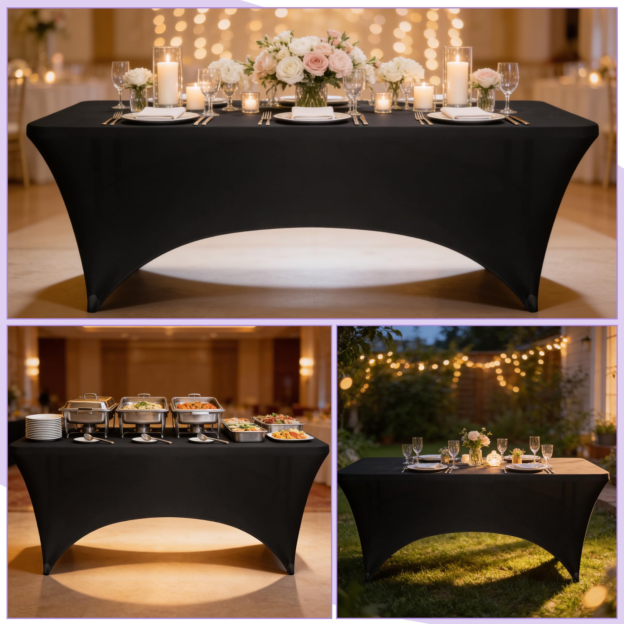 Event Decor Shop Mantel rectangular elástico negro de 8 pies, mantel de elastano elástico resistente para mesas de tartas de boda, bufés de catering, cabinas de DJ y decoración de eventos, 5 unidades