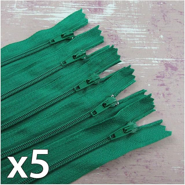 5 Pack x Closed END No.3 Nylon ZIPS *24 Colours* Zipper Sewing(Green x 5 (2580), 4 Inch)