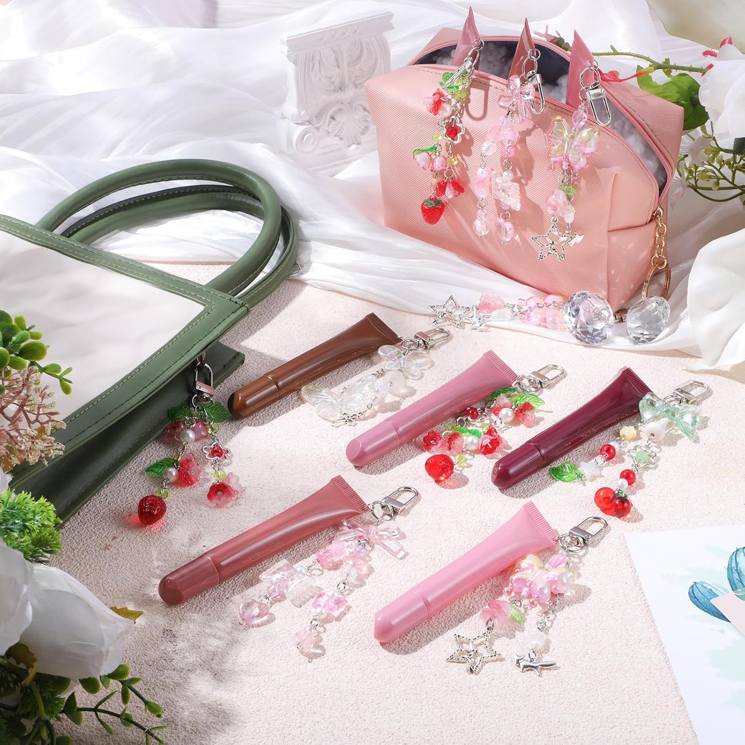 Chunful 10 Pcs Lip Gloss Keychains, Butterfly Strawberry Bow Charms Girls image 4