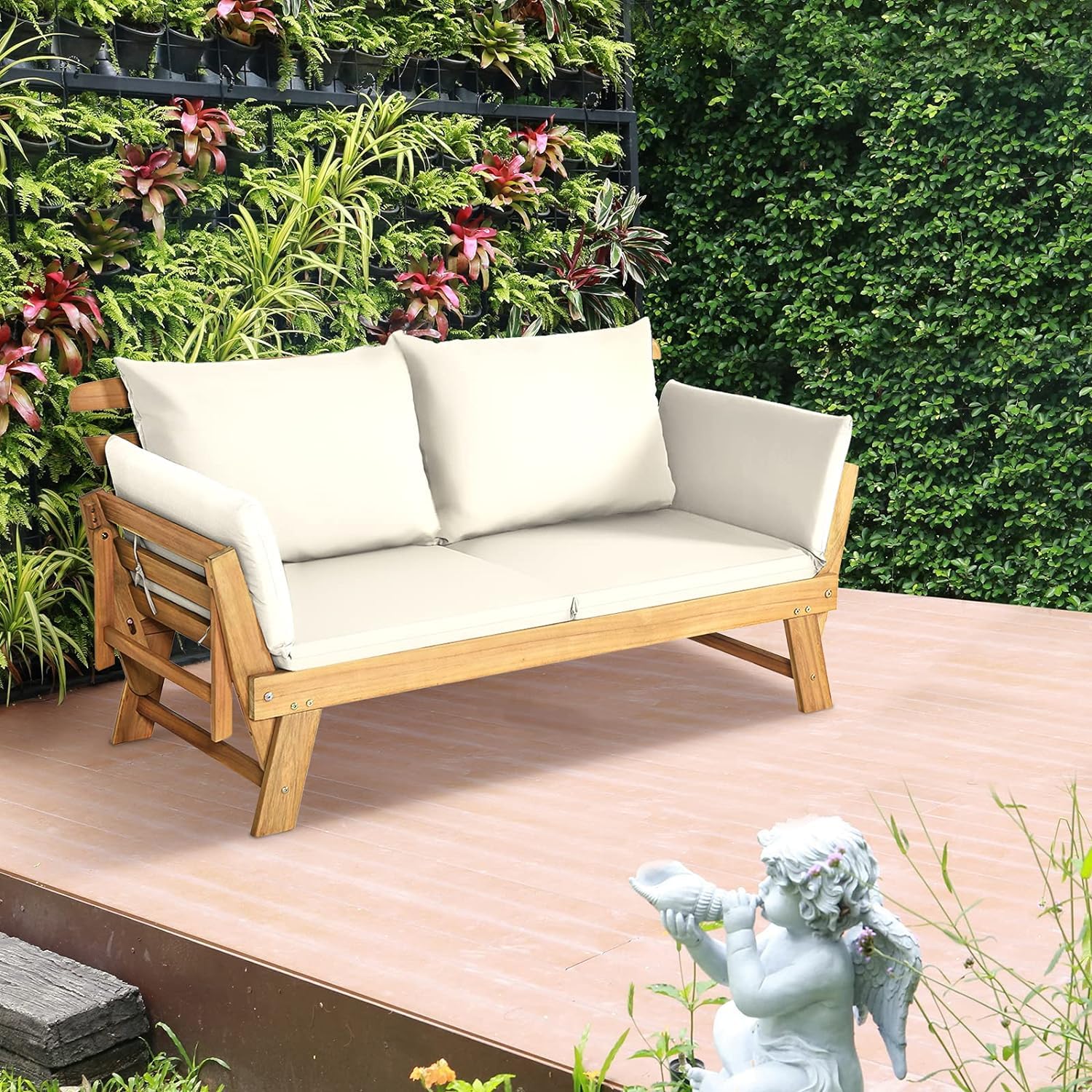 GOPLUS Sofá Cama de Jardín 2 Plazas, 3 en 1 Sofá Exterior Convertible en Tumbona y Cama Individual, Banco de Madera de Acacia con Cojines y Reposabrazos Ajustables, Terraza Patio Piscina (Blanco)