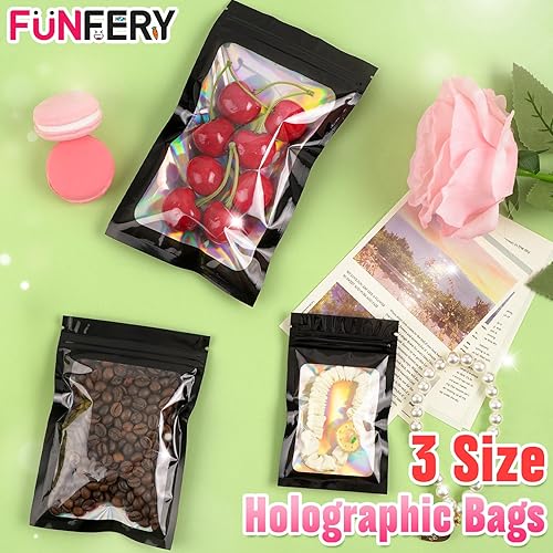 Miniatura 3 de Funfery Paquete de 300 bolsas holográficas de Mylar de 3 tamaños con ventana transparente, bolsas resellables, a prueba de olores, bolsas de papel