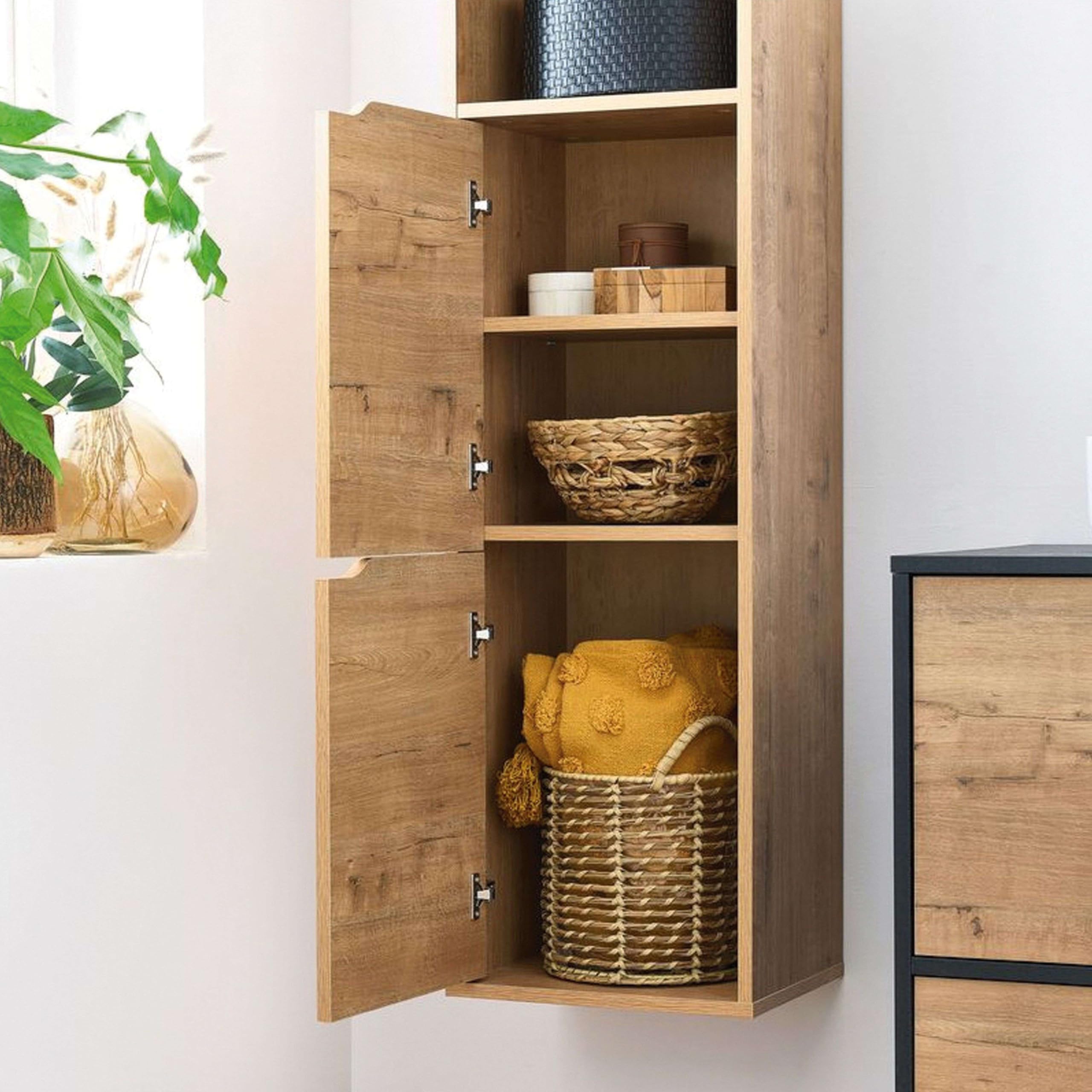 MUEBLES PITARCH | Columna de Baño Colgada Herrajes incluidos, Armario de Baño con 4 estantes, 2 Puertas, Roble Gold, 150x36,5x30cm (Alto x Ancho x Fondo), Mueble Auxiliar, Moderna, Modelo Nadia