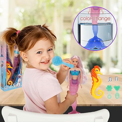 Miniatura 2 de Yellow River Reversing Squins - Juego de muñeca de princesa sirena, cola de sirena que cambia de color de temperatura, muñeca de vestir de pelo rosa
