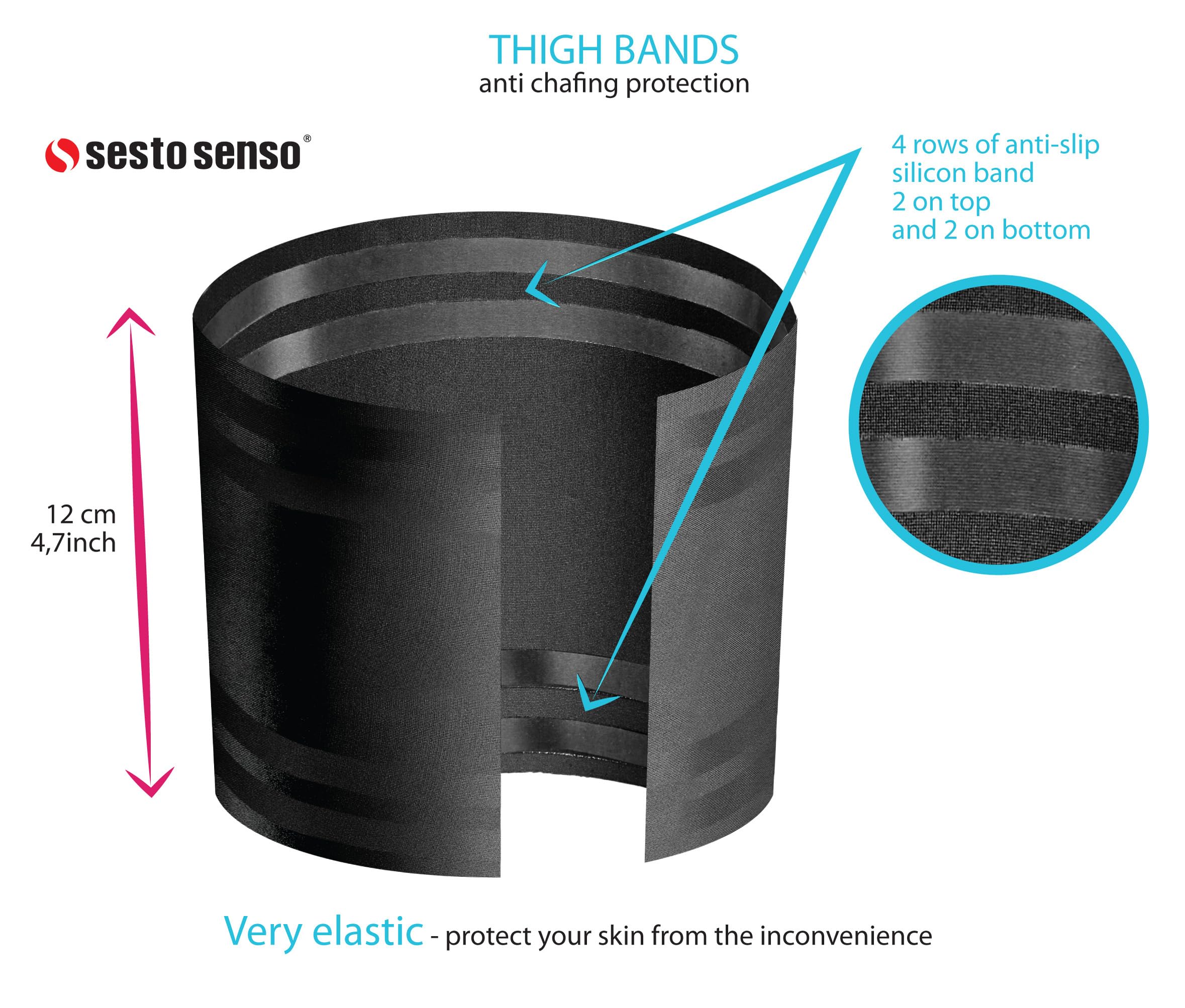 Sesto Senso 3 Pares Lisas y Sexys Bandas Femeninas para los Muslos Contra Rozaduras con Bandas de Silicona de Soporte en el Interior