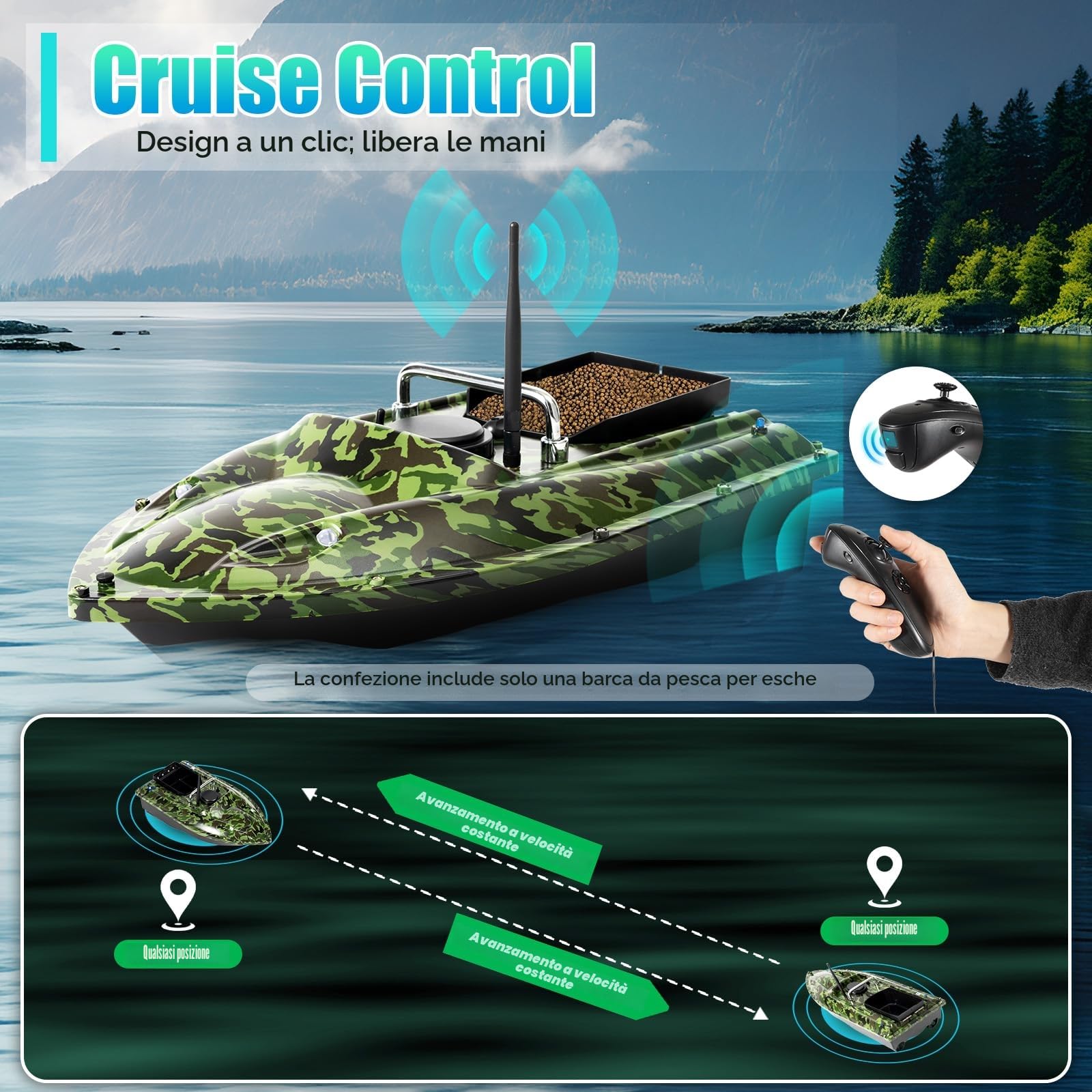 Barca telecomandata Avviatore Pesca Carpa Esca senza Fili Pesca Barca di Ammorza 500 M Doppio Motori Crociera Automatica Doppio Motore, Grande Capacità 1.5 KG, Camouflage