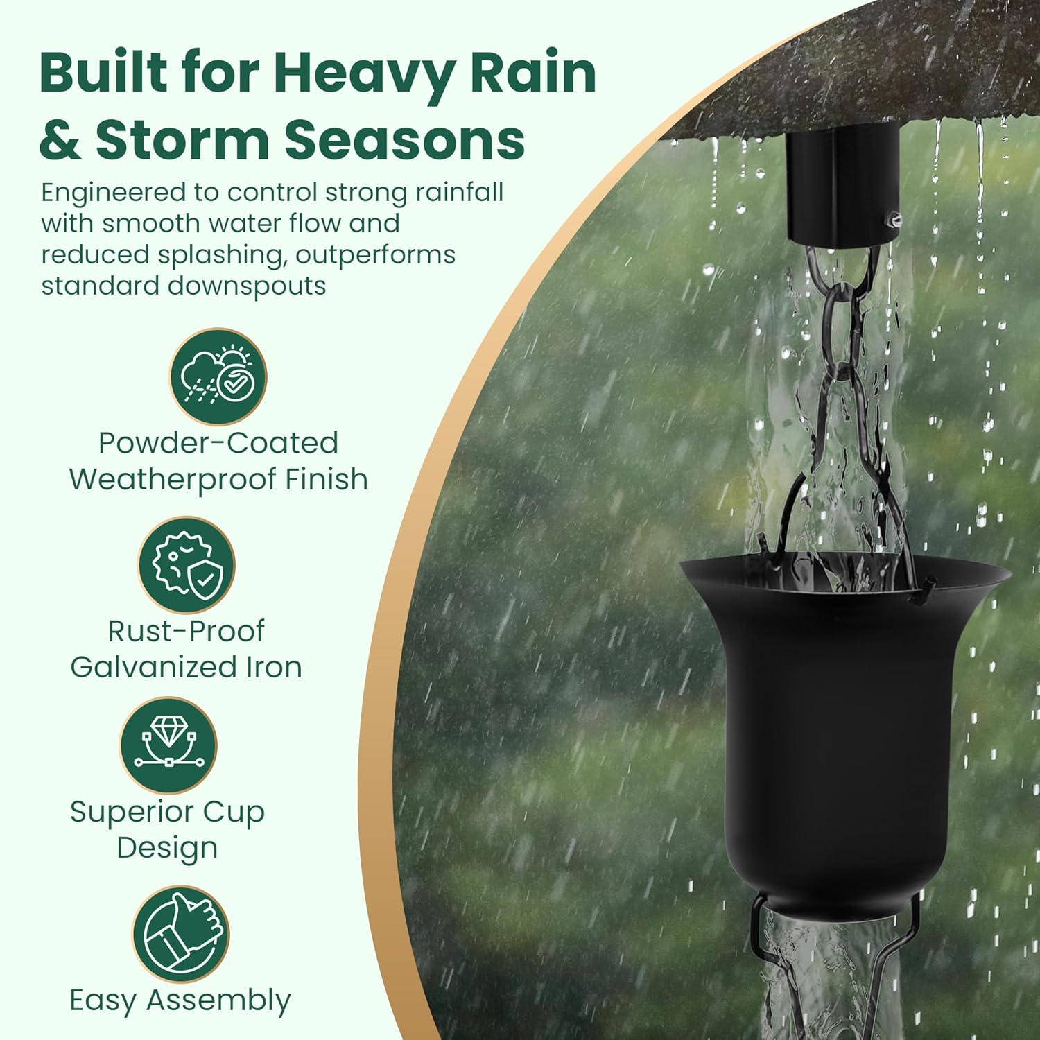 Black Rain Chain 9 FT, 11 FT Installed with Anchor Stake and Gutter Adapter, Durable Heavy Duty Rain Chains for Gutters for Heavy Rain, Rust Resistant, Outdoor Decor for Homeowners