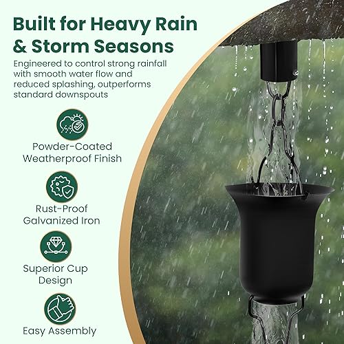 Miniatura 3 de OUT ESSENTIALS - Cadena de lluvia negra de 11 pies con estaca de anclaje y adaptador de canalón, cadenas de lluvia para canaletas para lluvia