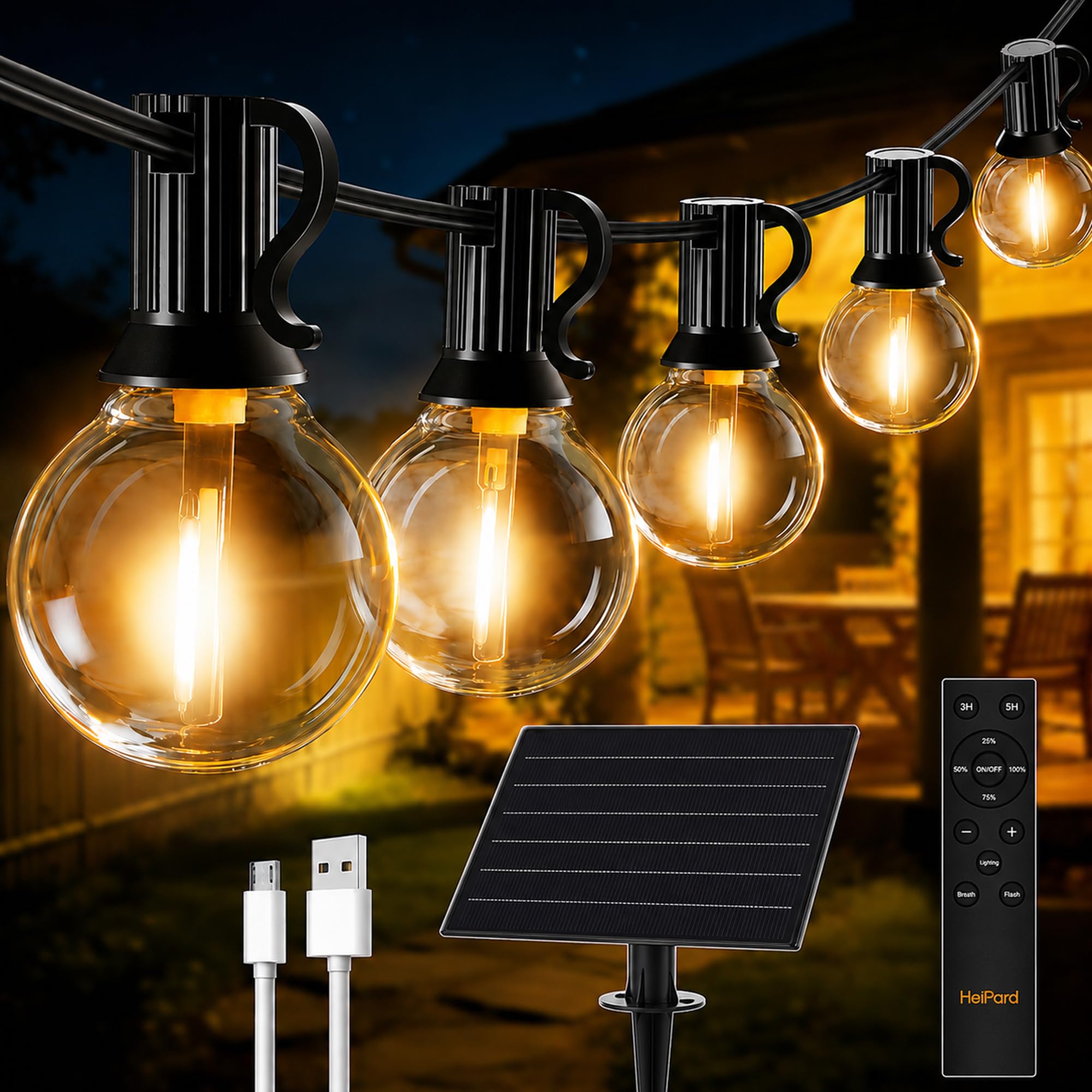 Heipard Warm White Solar Lights Outdoor Garden, 65.6Ft/20M 35+2 Leds Waterproof Solar Festoon Lights With Remote, Usb & Solar Powered Shatterproof G40 Bulbs 3 Modes Dimmable For Outside Gazebo Patio Porch