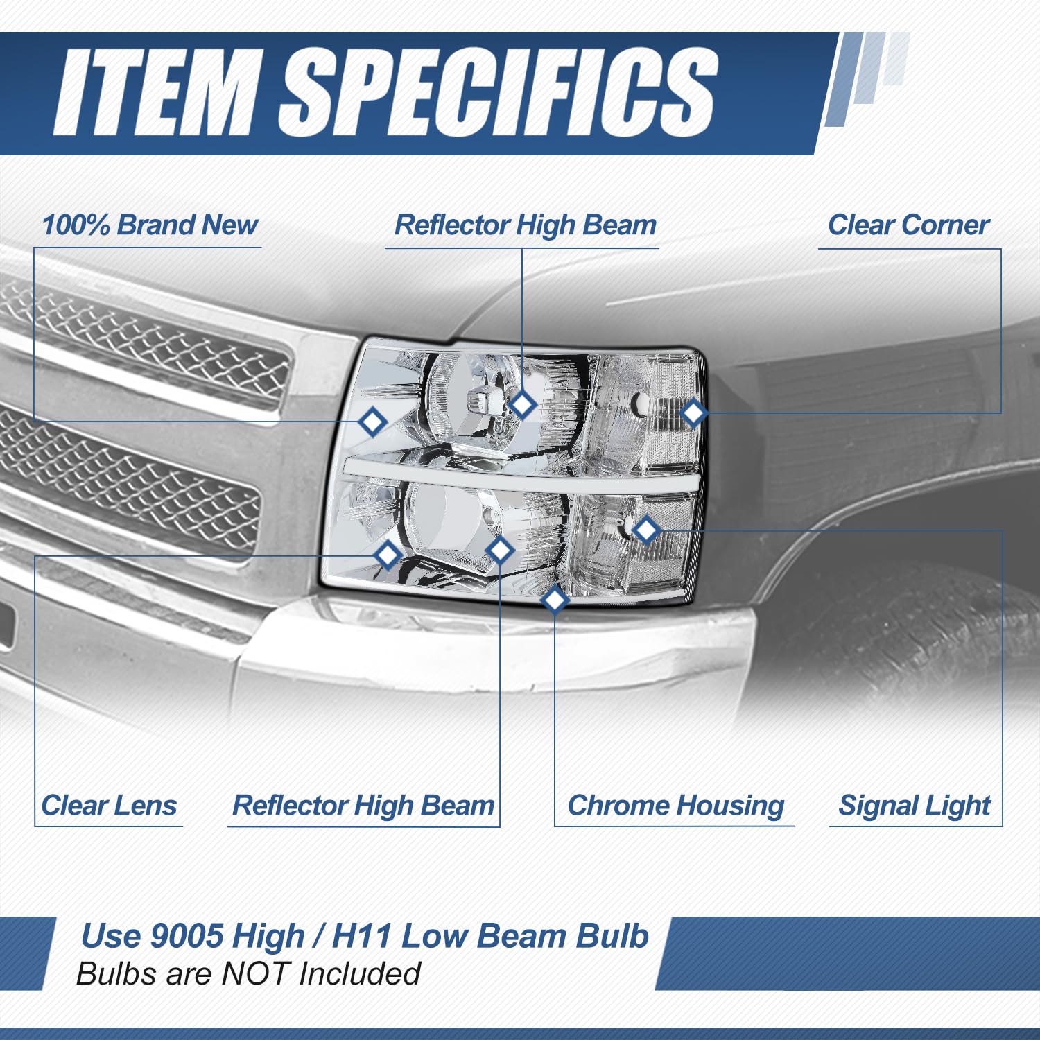 Auto Dynasty Halogen Headlights Assembly Compatible with Chevy Silverado 1500 2500HD 3500 GMT900 2007 2008 2009 2010 2011 2012 2013 2014, Driver and Passenger Side, Chrome Housing