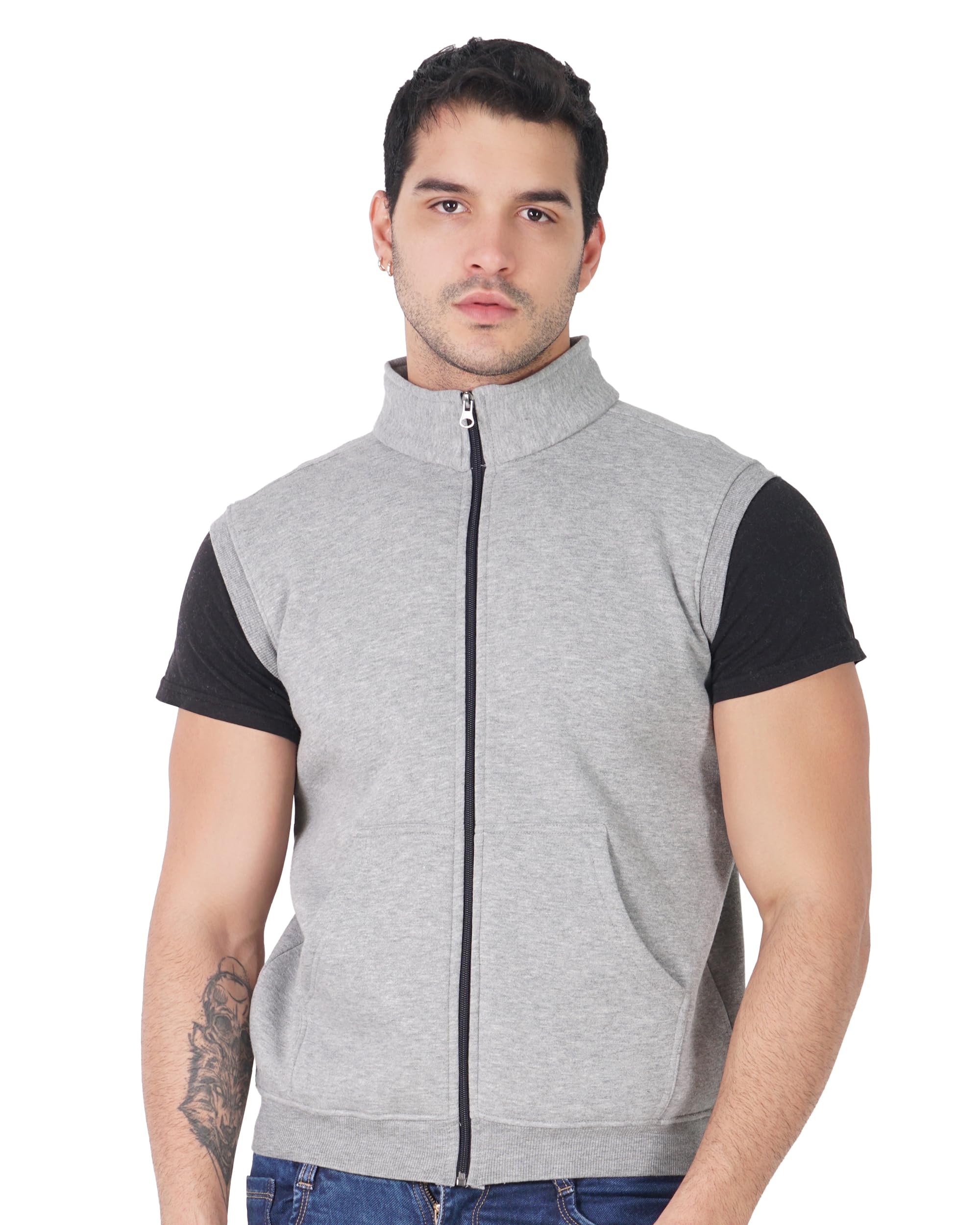 Men Solid Fleece Warm Zipper Sleeveless Jacket for Winters | Stylish Latest Trending Basics Sweatshirt Jacket | Men's Solid Olive Sleeveless Sweatshirt with Kangaroo Pocket-White-image-34