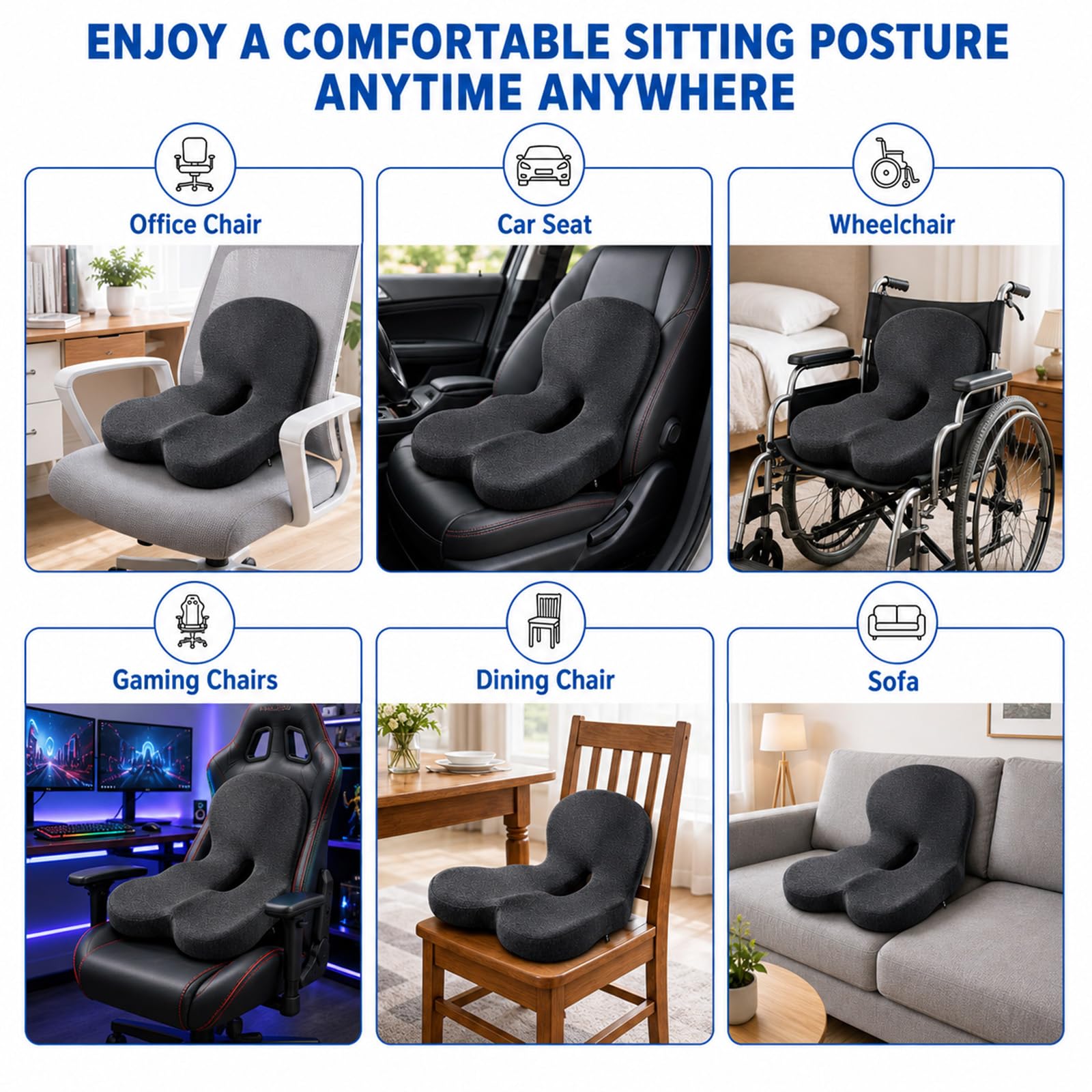 Cuscino Sedia Seduta Memory Forma L Ergonomico, Supporto Lombare Coccige | Cuscino ortopedico, antidolorifico e sfoderabile, lavabile, adatto per sedia da ufficio, seggiolino auto e sedia a rotelle