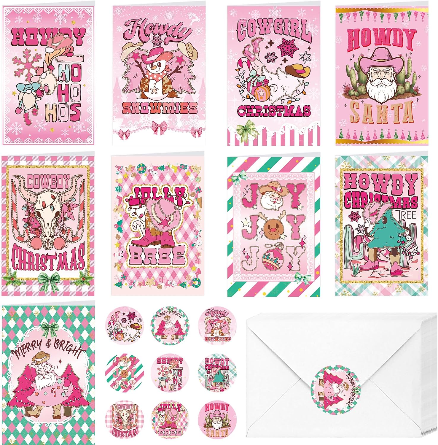 Pink Western Cowgirls Christmas Card - 27PCS Funny Santa Claus Greeting Cards with Envelopes & Stickers, 9 Pink-Cowgirls Design for Xmas Holiday Festive for Kids Friends