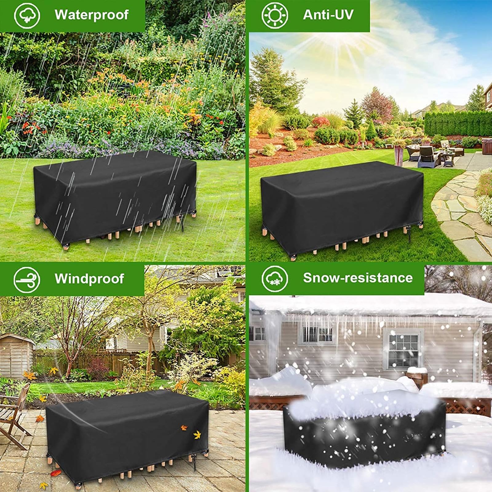 AUWUUA Waterdichte tuinmeubelhoezen van 195 x 125 x 80 cm / l x b x h terrastafelhoezen, tuinmeubelhoes voor rotan bankset, tafelstoelen, anti-uv, verbeterde scheurbestendige Oxford-stof, zwart