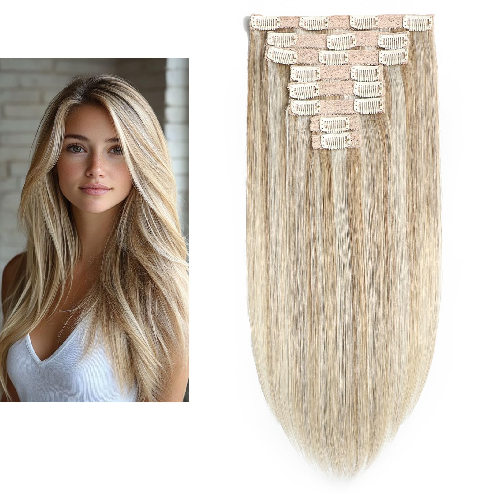 Dopinki do przedłużania włosów z klipsami, prawdziwe włosy, jasny blond, 100% ludzkie włosy Remy, gładkie, P8/60/# 35 cm