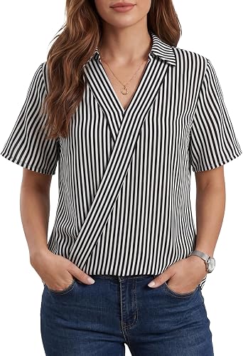 LYANER Women's Striped Collared V Neck Short Sleeve Loose Business Casual Blouse