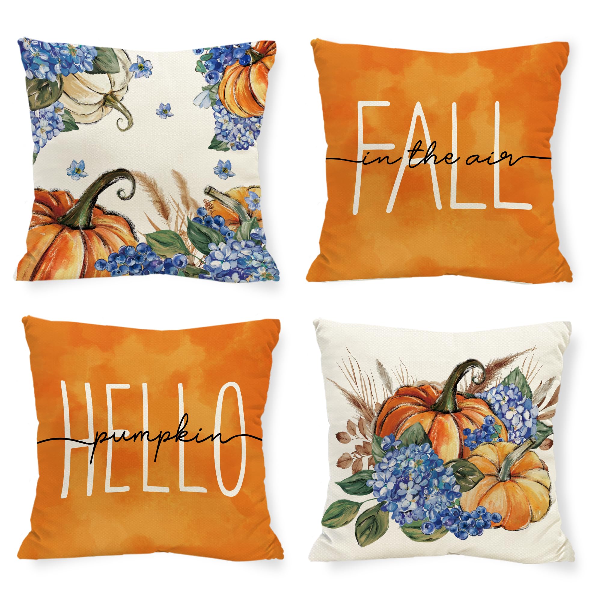 Juego de 4 fundas de almohada de calabaza de hortensias otoñales de 18 x 18 pulgadas, diseño de otoño de Acción de Gracias, diseño floral de temporada, para sofá, sillón, diseño de otoño