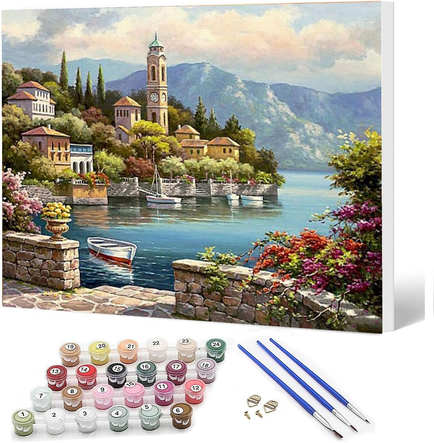 Ediximi Wooden FramePaint by Numbers DIY Oil Painting for Adults, Beginners and Kids, 12" Wx16 L Pack Canvas Pictures Drawing Paintwork with 6Pcs Wooden Paintbrushes and Doubled Pigment Bay Castle