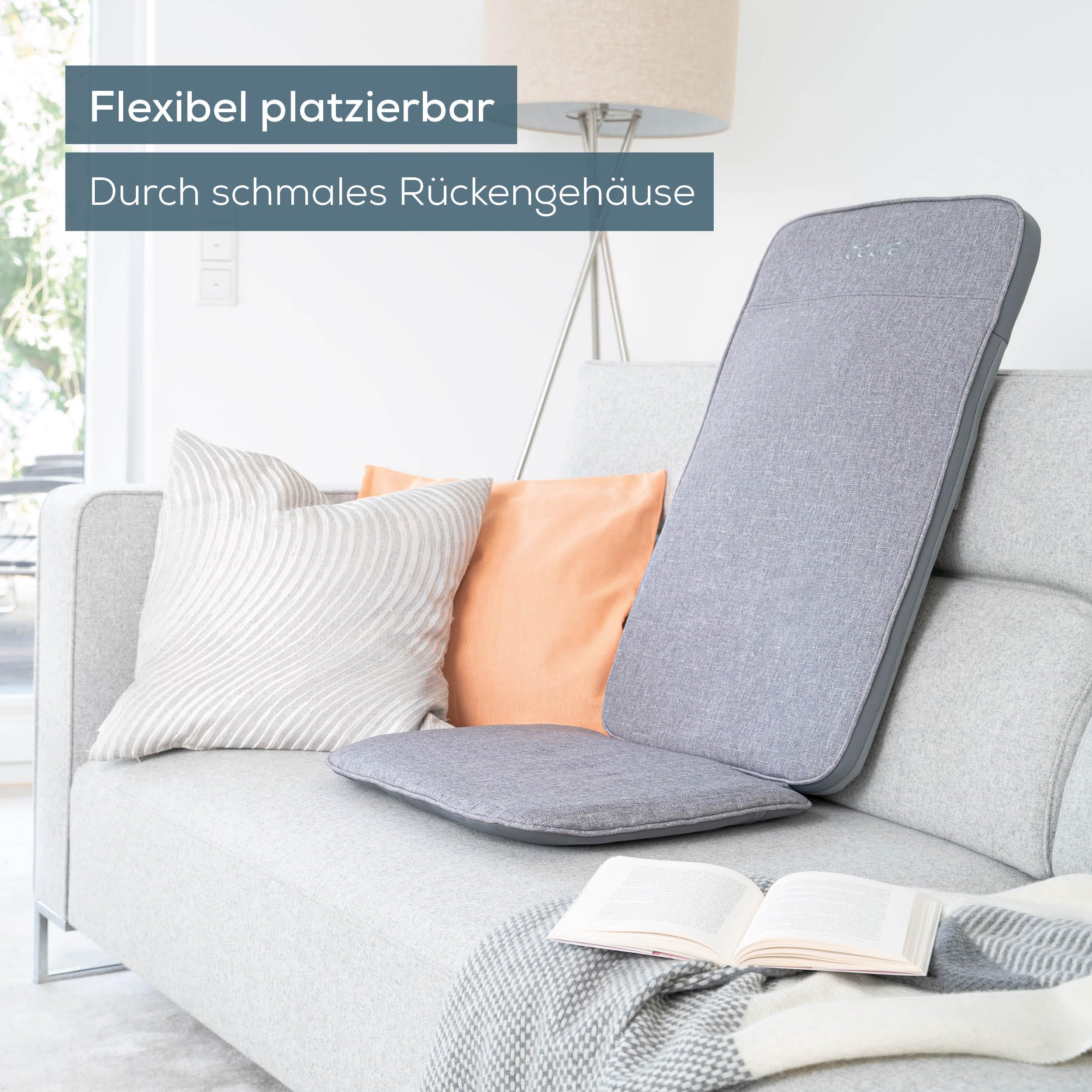Beurer MG 202 Shiatsu-Massagesitzauflage, Shiatsu-Massage für zu Hause und im Büro, 2 Intensitätsstufen, schmales Rückengehäuse, für Sessel, Sofas und Bürostühle geeignet, modernes Design, hellgrau