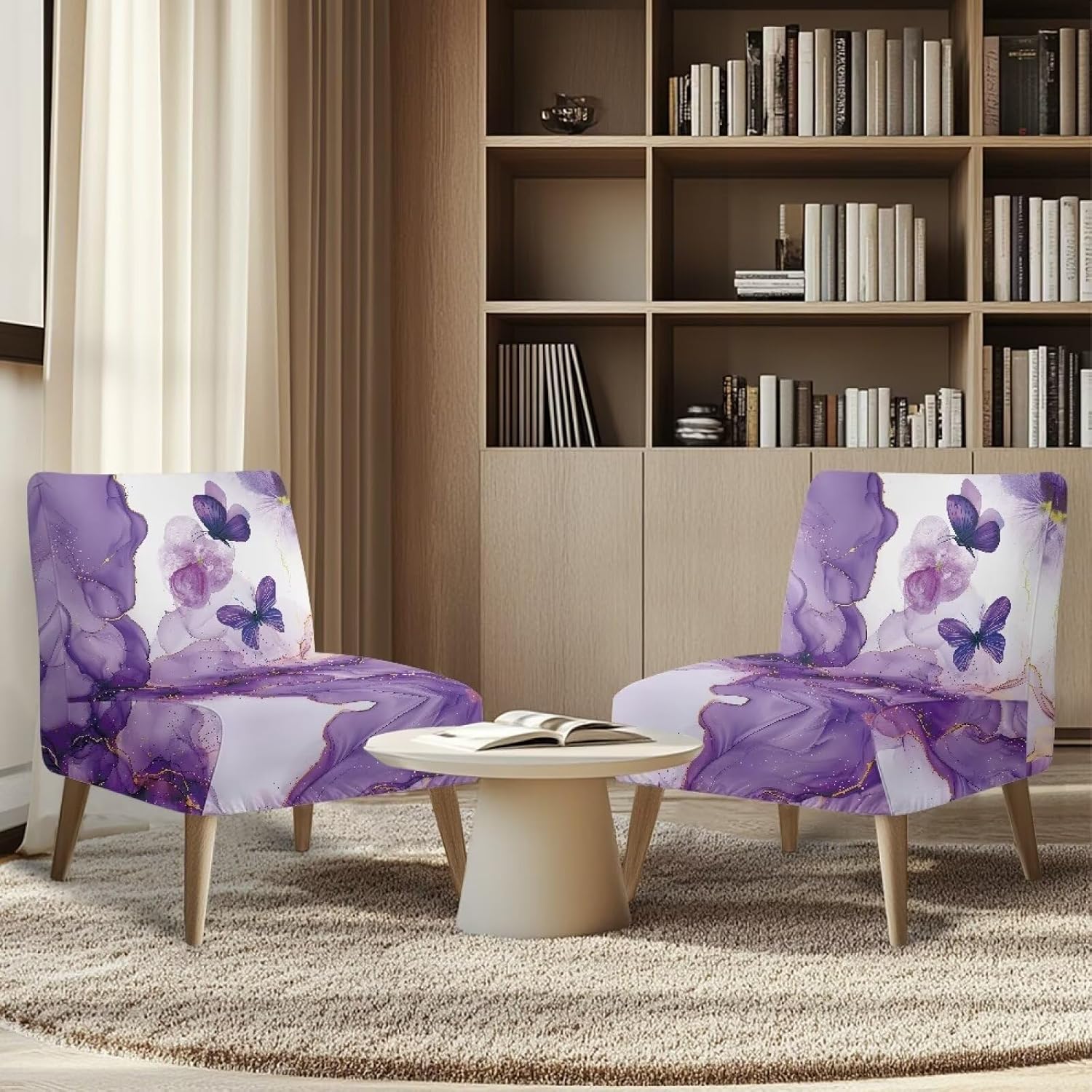 ZOUTAIRONG Marble Armless Chair Slipcover for Accent Chair Cover Stretch Slipper Chair Covers Without Arms Decorative Chair Covers for Living Room/Hotel Chair Slip Covers Purple