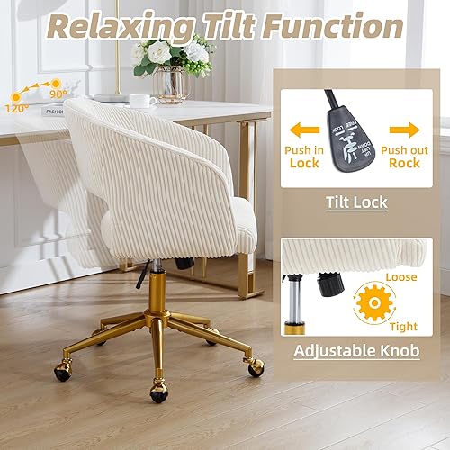 Miniatura 6 de ABET Silla de escritorio con ruedas, silla de pana para oficina en casa, sillón giratorio con base dorada, sillas decorativas modernas tapizadas,