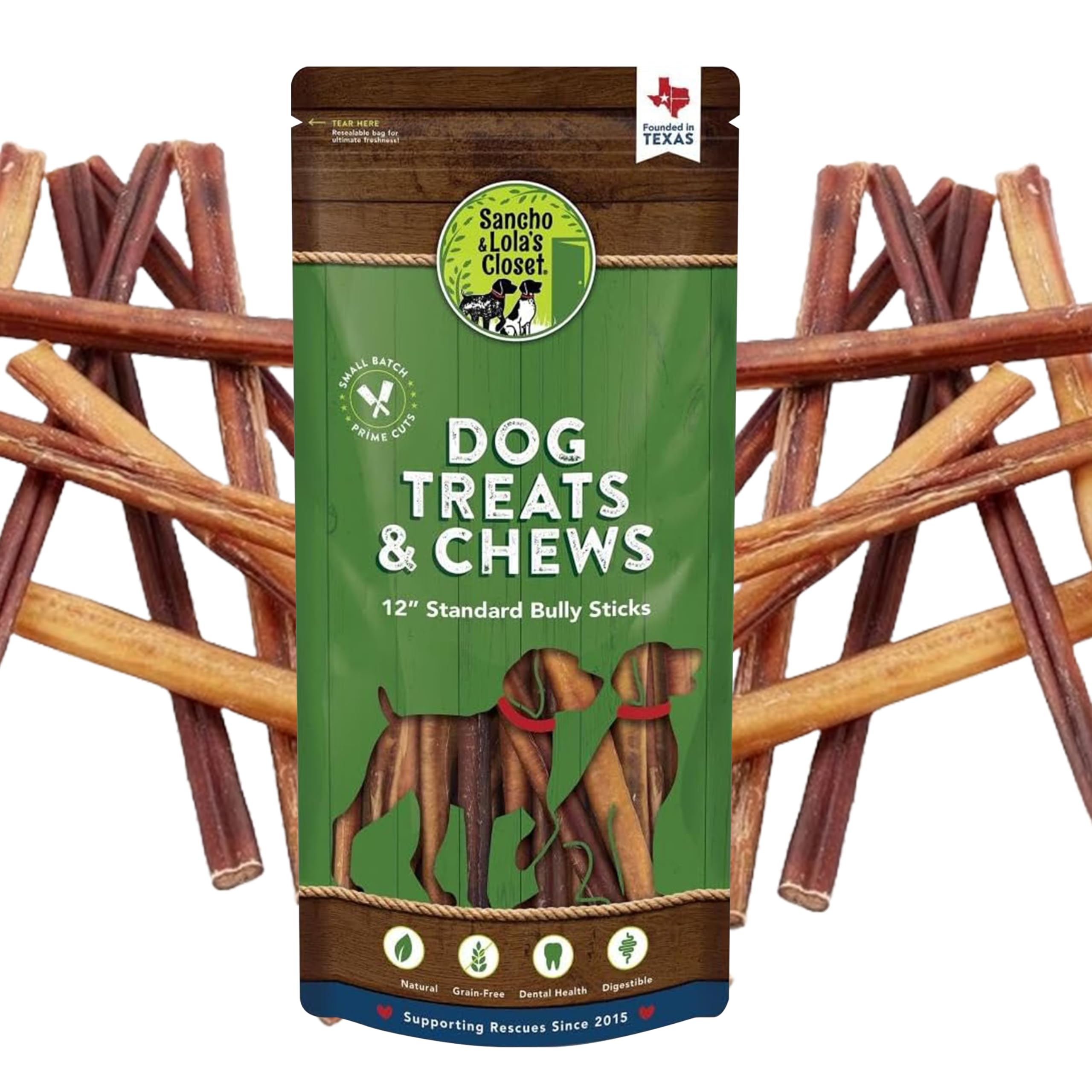 Supreme 12-inch Standard Bully Sticks by Sancho and Lola’s (10 Pack) All-Natural, Long-Lasting Dog Chew Treats - Free-Range, Grass-Fed Beef - Low Odor