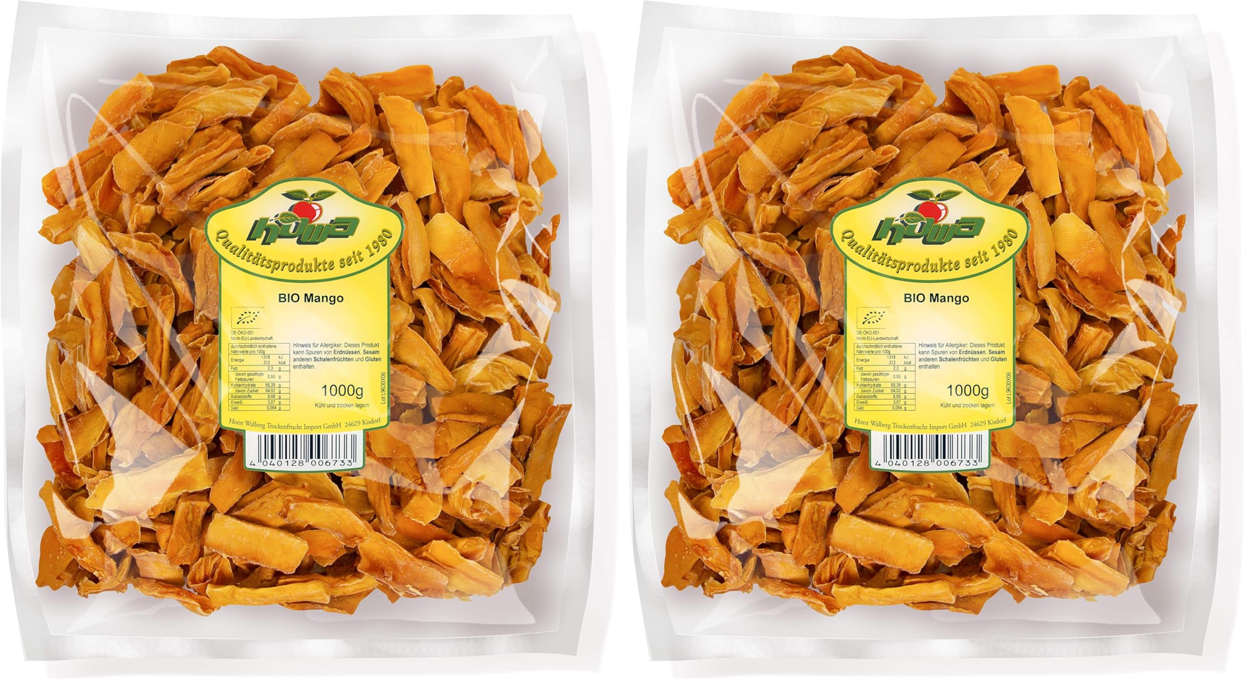 Howa getrocknete Mango – Trockenobst in Bio-Qualität, naturbelassen und ungeschwefelt – Ideal zum Kochen, Backen oder als gesunder Snack – Mangoscheiben - ohne Zucker – 1000 g (Packung mit 2)